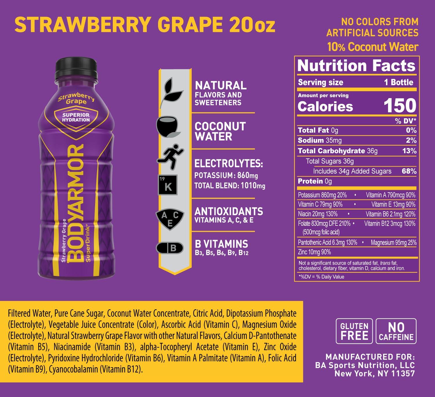BODYARMOR Sports Drink, Tropical Punch, Electrolyte Drink Hydration, 12 Fl Oz Bottles (8 Pack), Flavored Coconut Water with B Vitamins & Antioxidants(Strawberry Grape)