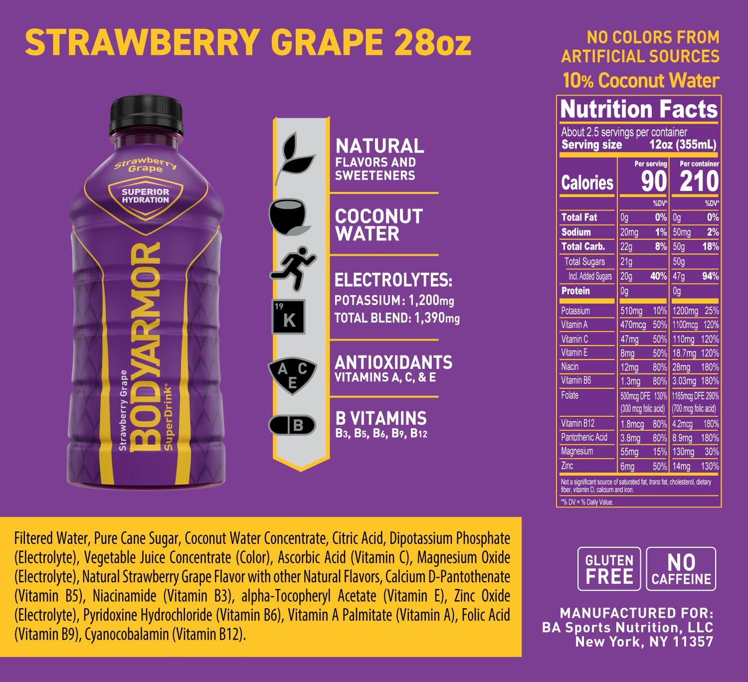 BODYARMOR Sports Drink, Tropical Punch, Electrolyte Drink Hydration, 12 Fl Oz Bottles (8 Pack), Flavored Coconut Water with B Vitamins & Antioxidants(Strawberry Grape)