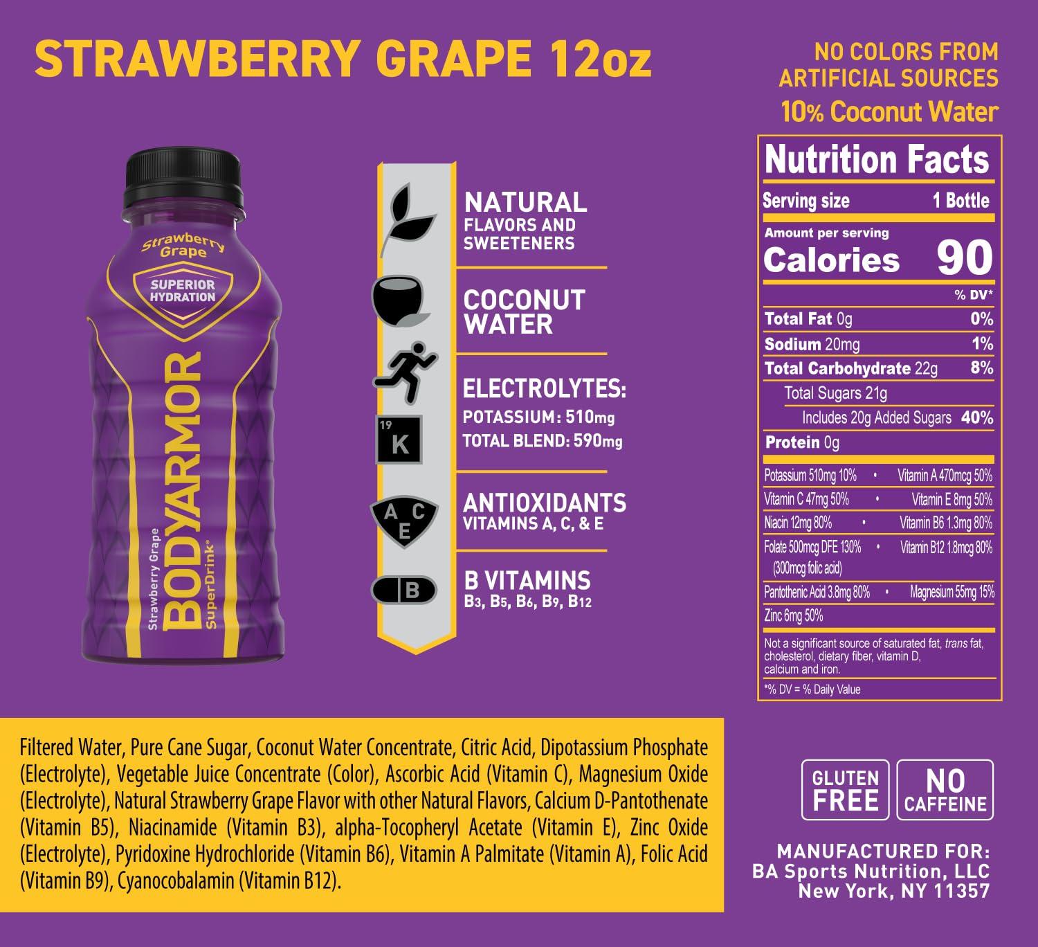 BODYARMOR Sports Drink, Tropical Punch, Electrolyte Drink Hydration, 12 Fl Oz Bottles (8 Pack), Flavored Coconut Water with B Vitamins & Antioxidants(Strawberry Grape)