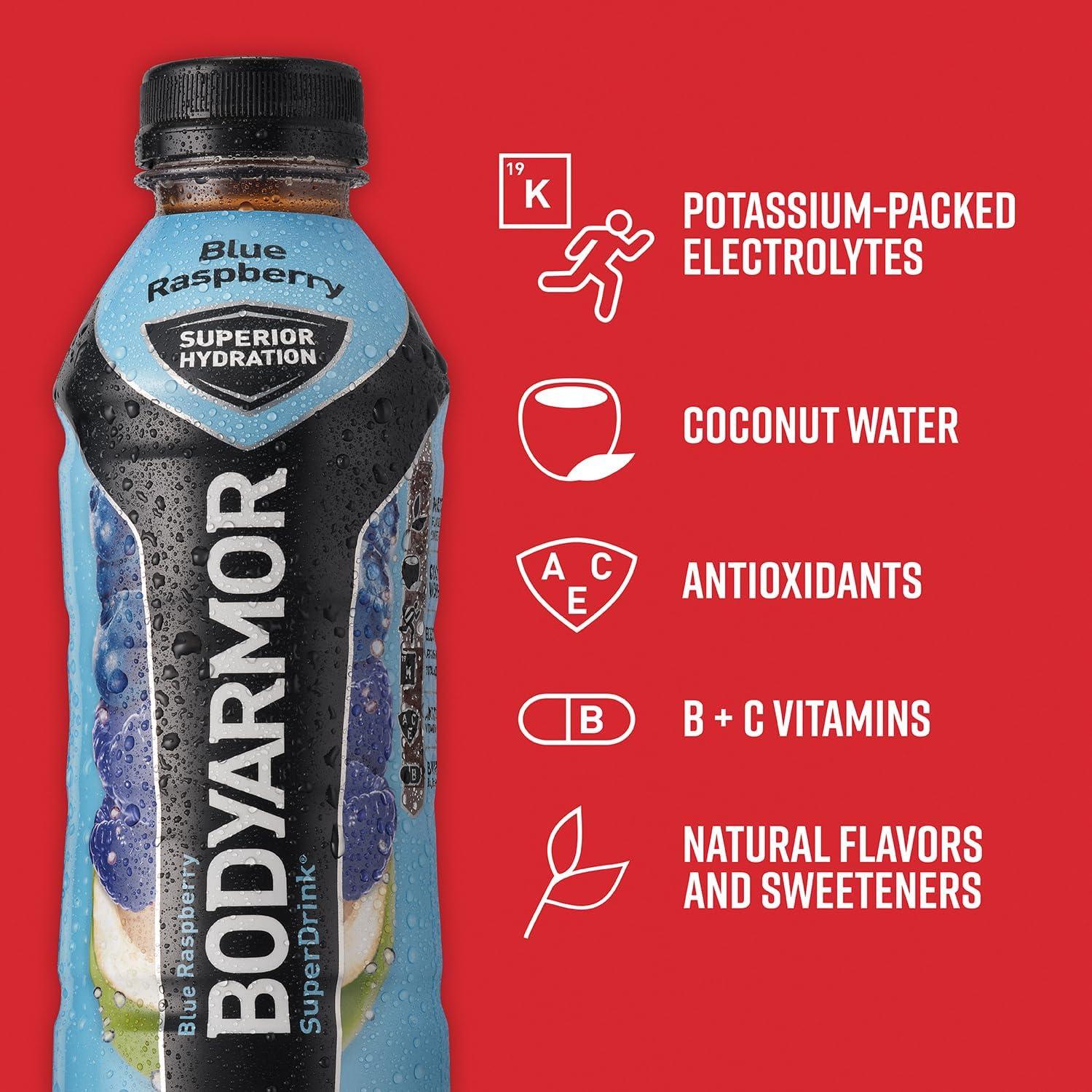 BODYARMOR Sports Drink Sports Beverage, Blue Raspberry, Coconut Water Hydration, Natural Flavors With Vitamins, Potassium-Packed Electrolytes, Perfect For Athletes, 16 Fl Oz (Pack of 12)