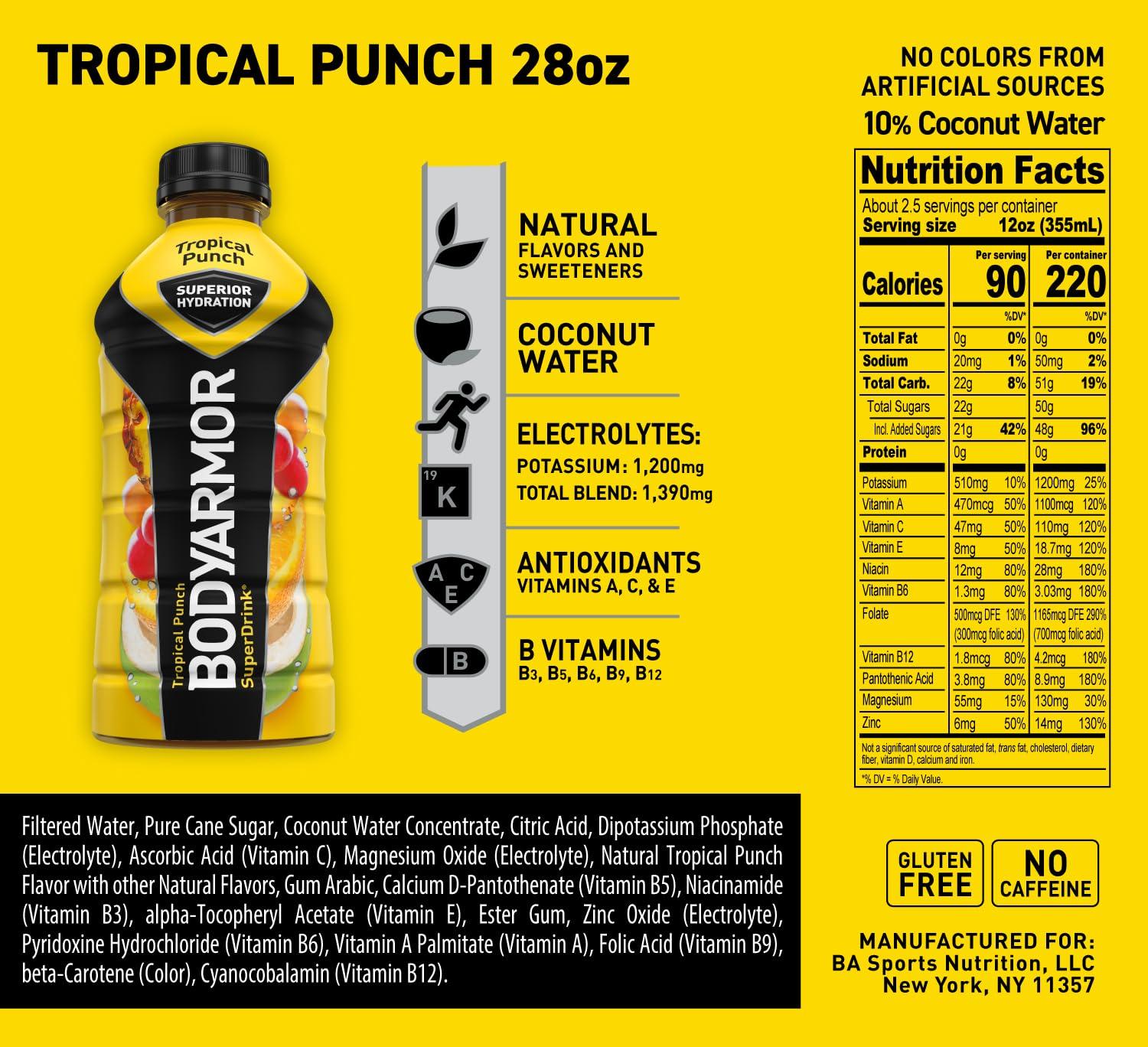 BODYARMOR Sports Drink, Tropical Punch, Electrolyte Drink Hydration, 12 Fl Oz Bottles (8 Pack), Flavored Coconut Water with B Vitamins & Antioxidants(Tropical Punch)