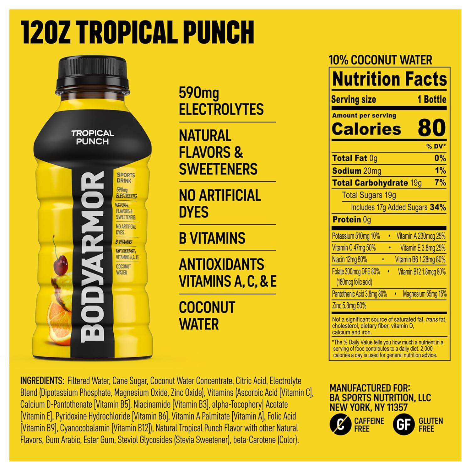 BODYARMOR Sports Drink, Tropical Punch, Electrolyte Drink Hydration, 12 Fl Oz Bottles (8 Pack), Flavored Coconut Water with B Vitamins & Antioxidants(Tropical Punch)