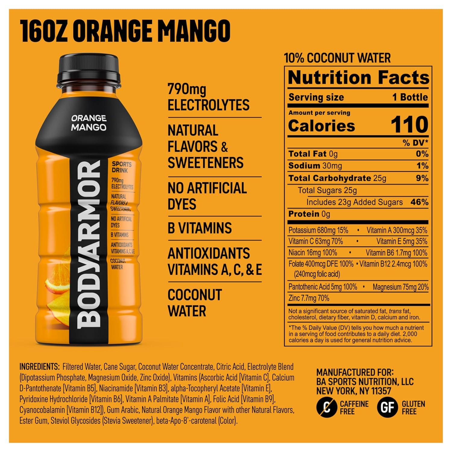 BODYARMOR Sports Drink, Tropical Punch, Electrolyte Drink Hydration, 12 Fl Oz Bottles (8 Pack), Flavored Coconut Water with B Vitamins & Antioxidants(Orange Mango)