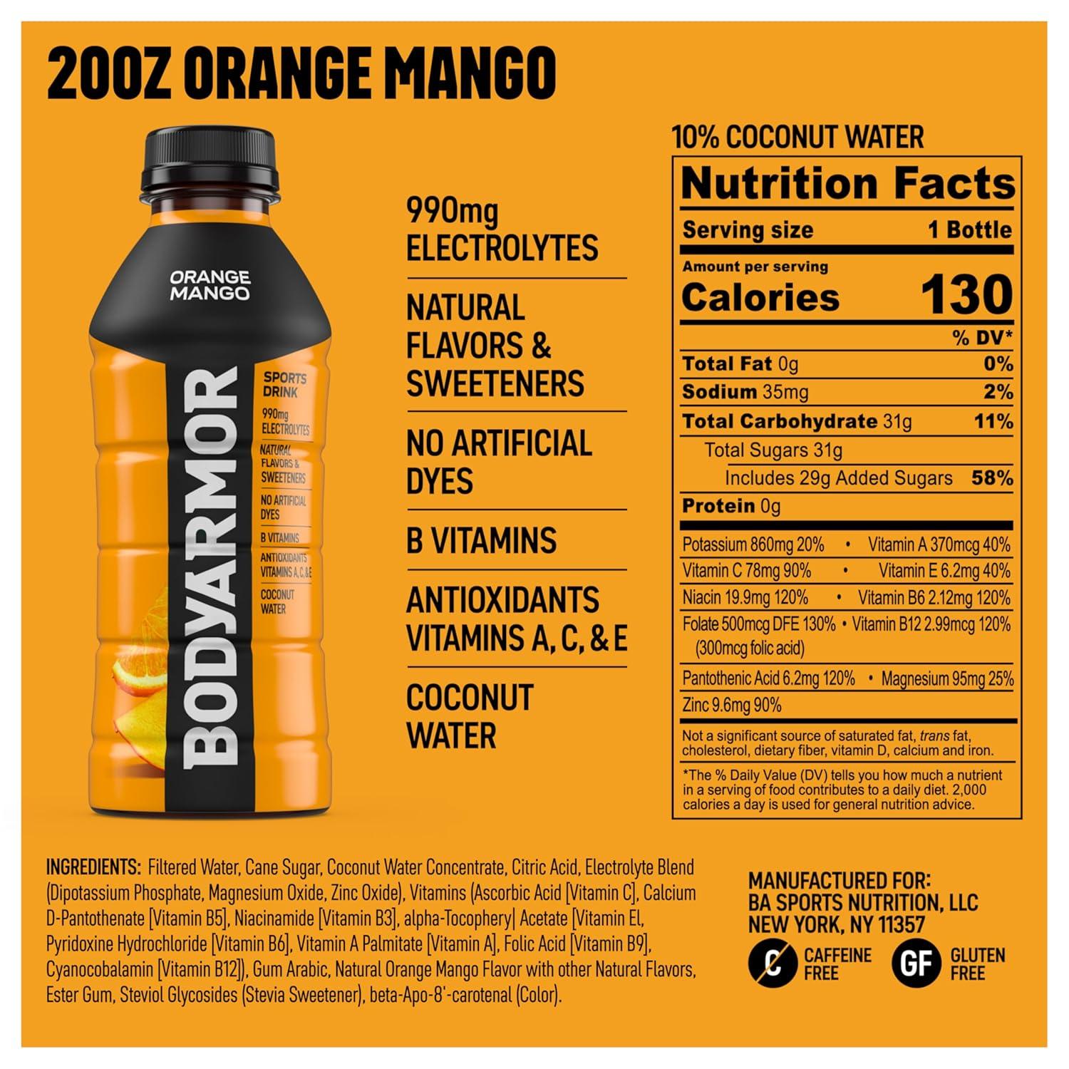 BODYARMOR Sports Drink, Tropical Punch, Electrolyte Drink Hydration, 12 Fl Oz Bottles (8 Pack), Flavored Coconut Water with B Vitamins & Antioxidants(Orange Mango)