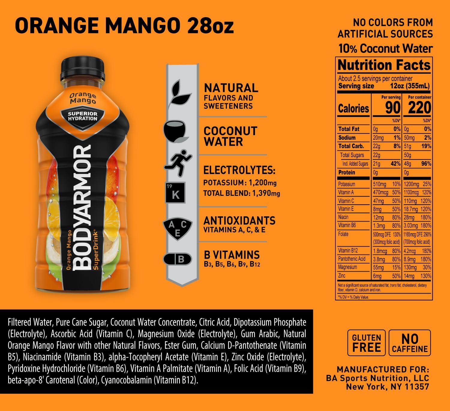 BODYARMOR Sports Drink, Tropical Punch, Electrolyte Drink Hydration, 12 Fl Oz Bottles (8 Pack), Flavored Coconut Water with B Vitamins & Antioxidants(Orange Mango)