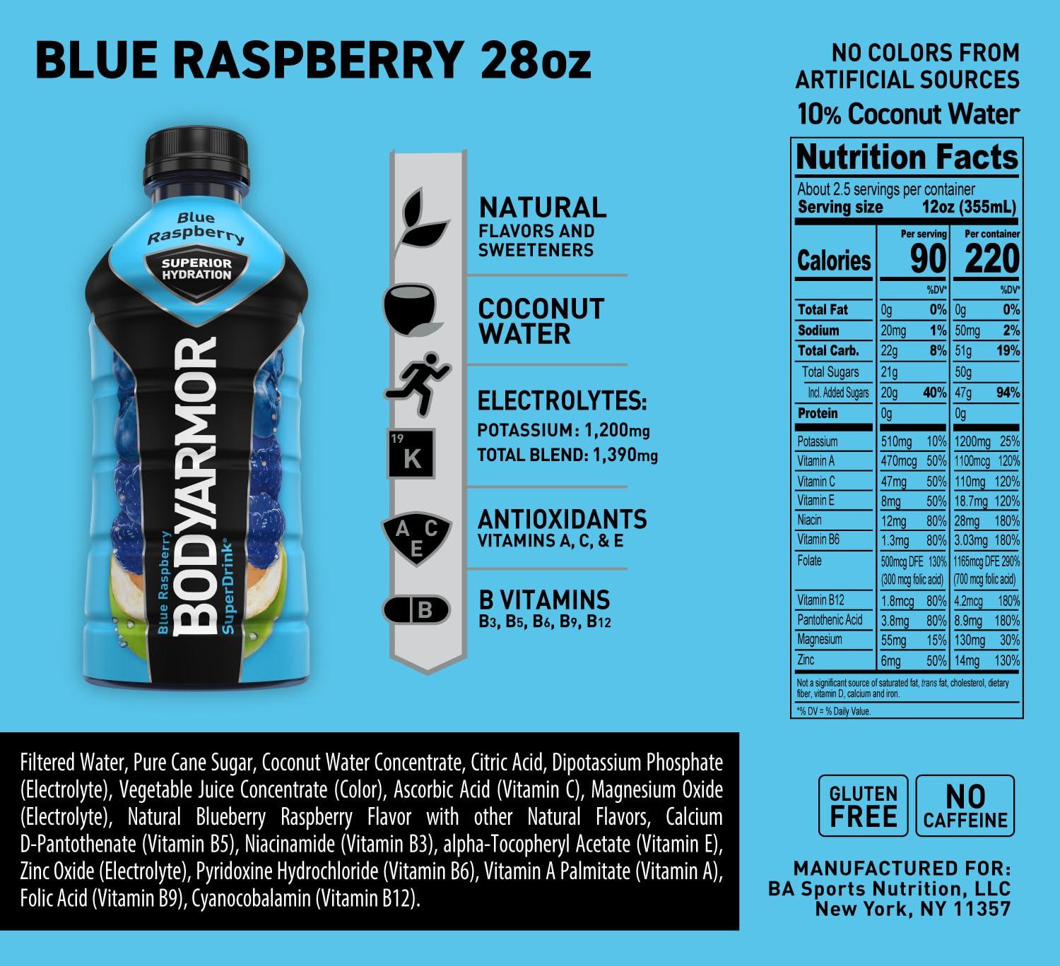 BODYARMOR Sports Drink, Tropical Punch, Electrolyte Drink Hydration, 12 Fl Oz Bottles (8 Pack), Flavored Coconut Water with B Vitamins & Antioxidants(Blue Raspberry)
