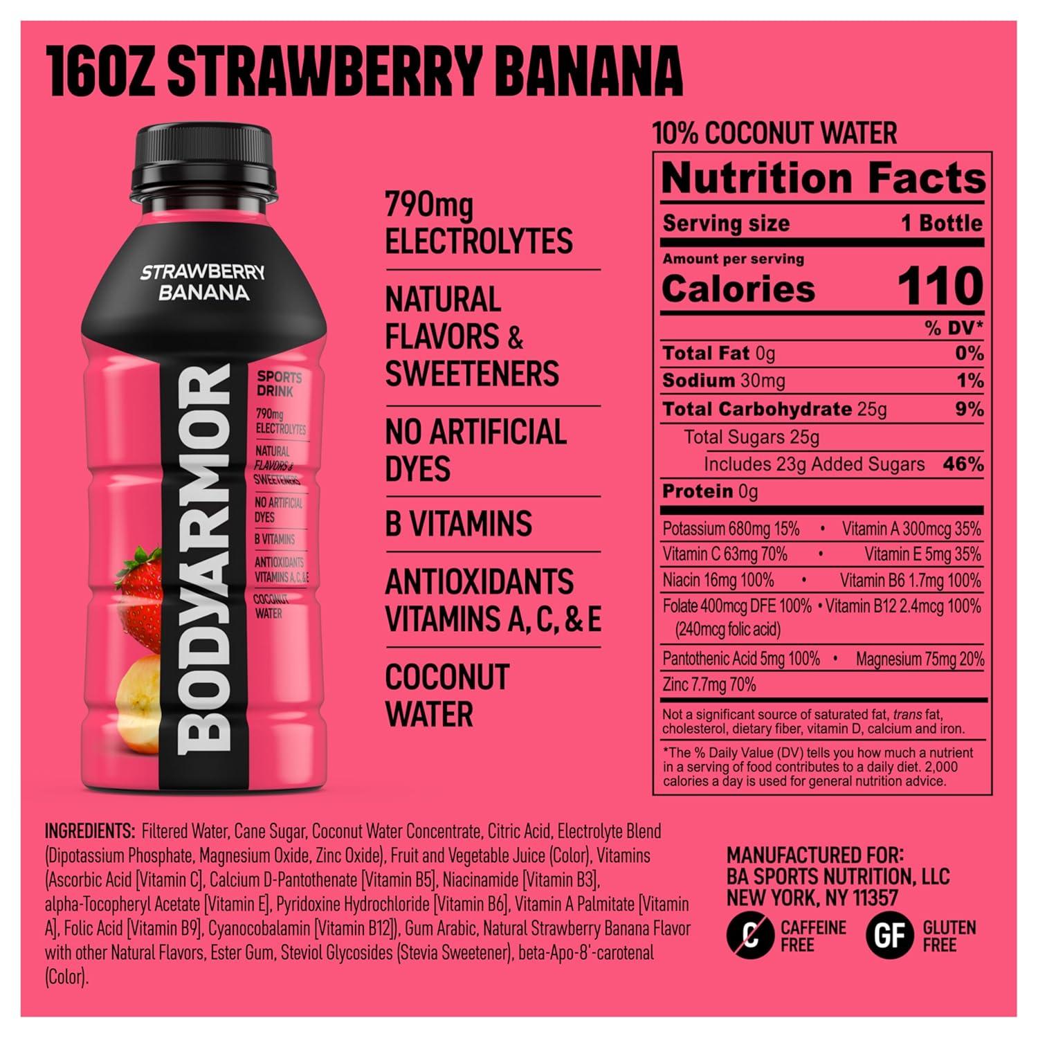 BODYARMOR Sports Drink, Tropical Punch, Electrolyte Drink Hydration, 12 Fl Oz Bottles (8 Pack), Flavored Coconut Water with B Vitamins & Antioxidants(Strawberry Banana)
