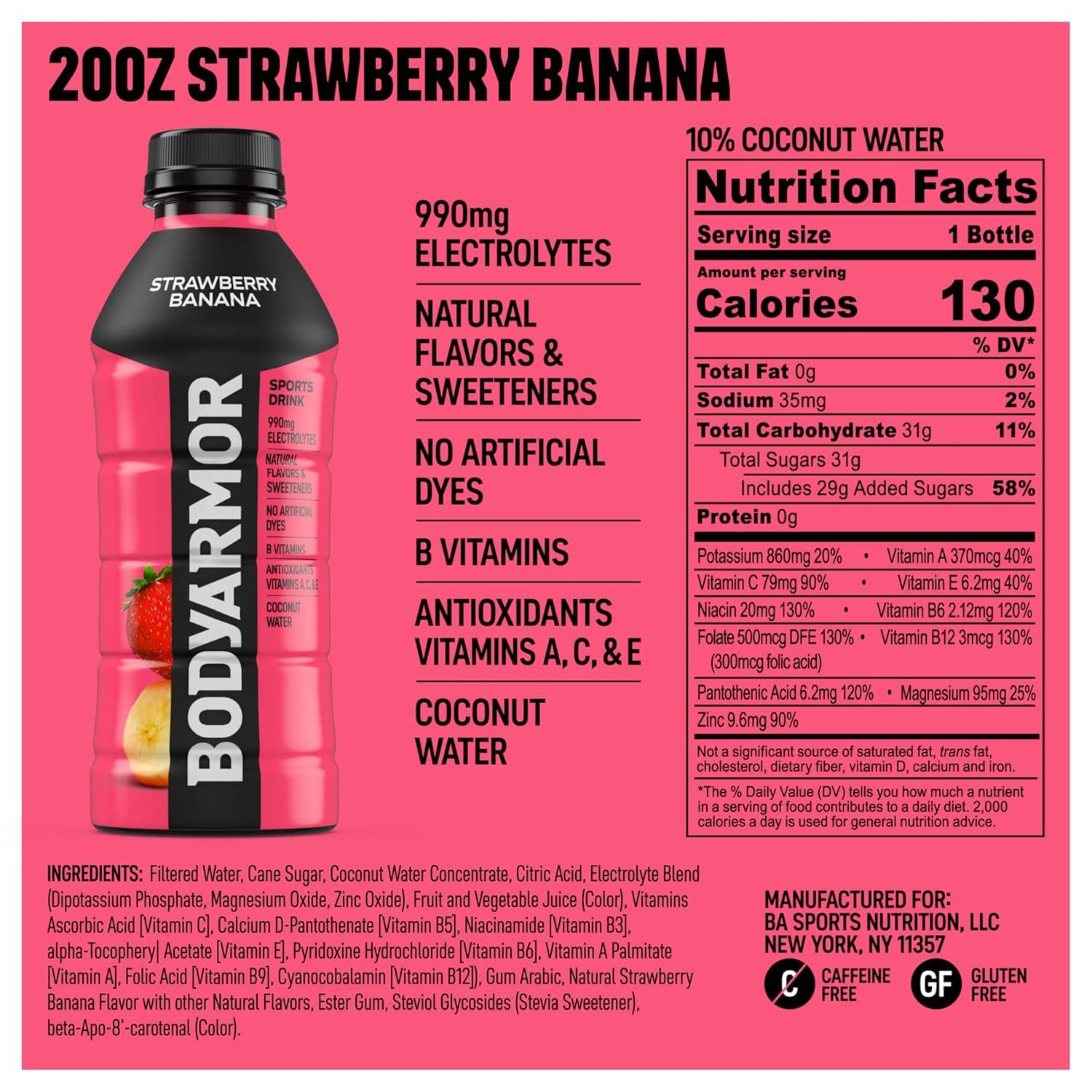 BODYARMOR Sports Drink, Tropical Punch, Electrolyte Drink Hydration, 12 Fl Oz Bottles (8 Pack), Flavored Coconut Water with B Vitamins & Antioxidants(Strawberry Banana)