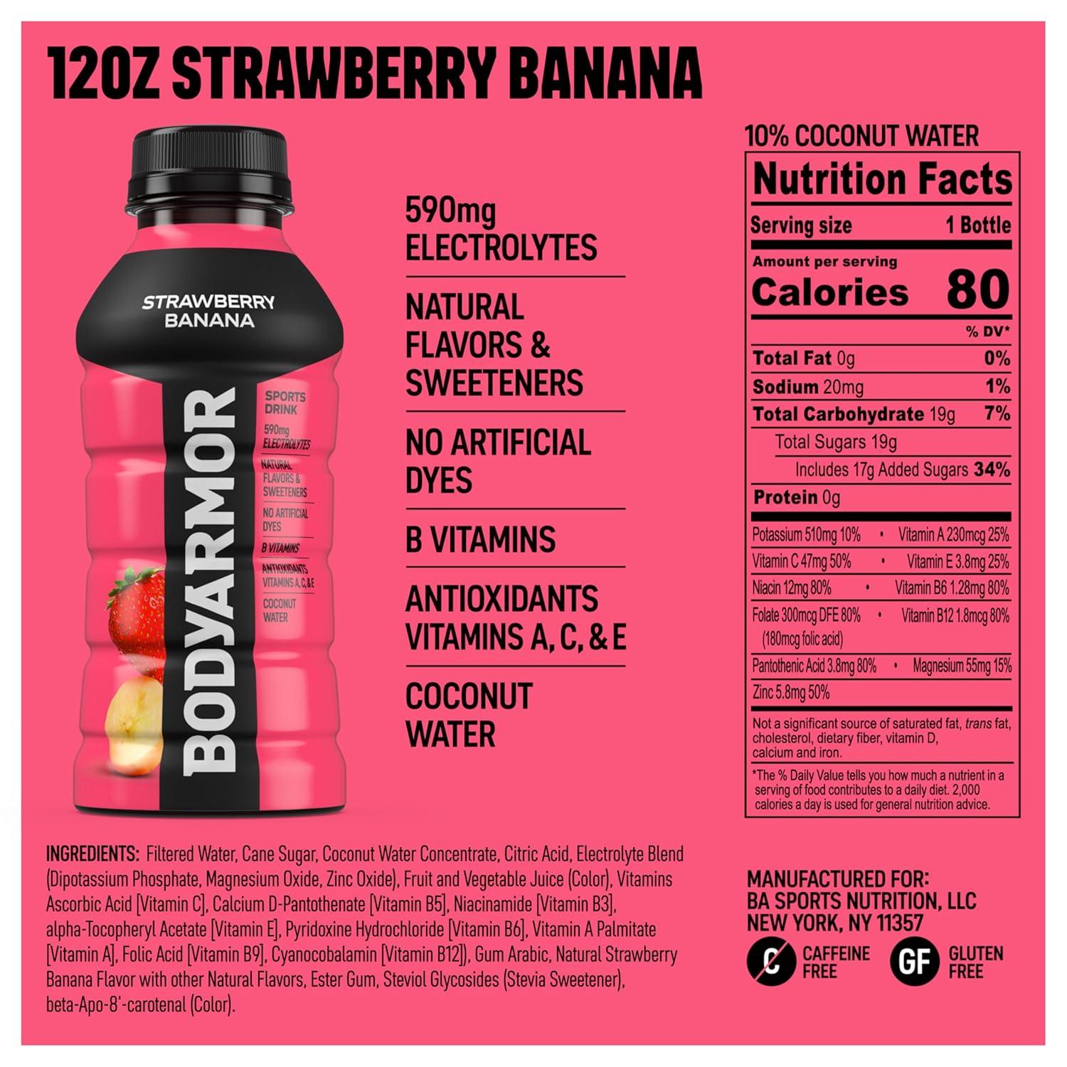 BODYARMOR Sports Drink, Tropical Punch, Electrolyte Drink Hydration, 12 Fl Oz Bottles (8 Pack), Flavored Coconut Water with B Vitamins & Antioxidants(Strawberry Banana)