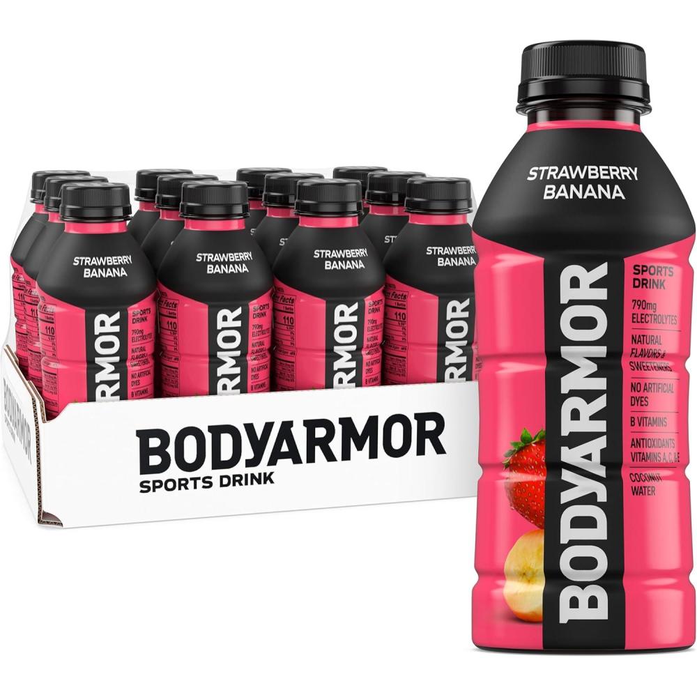 BODYARMOR Sports Drink, Strawberry Banana, Electrolyte Drink Hydration, 16 Fl Oz Bottles (12 Pack), Flavored Coconut Water with B Vitamins & Antioxidants
