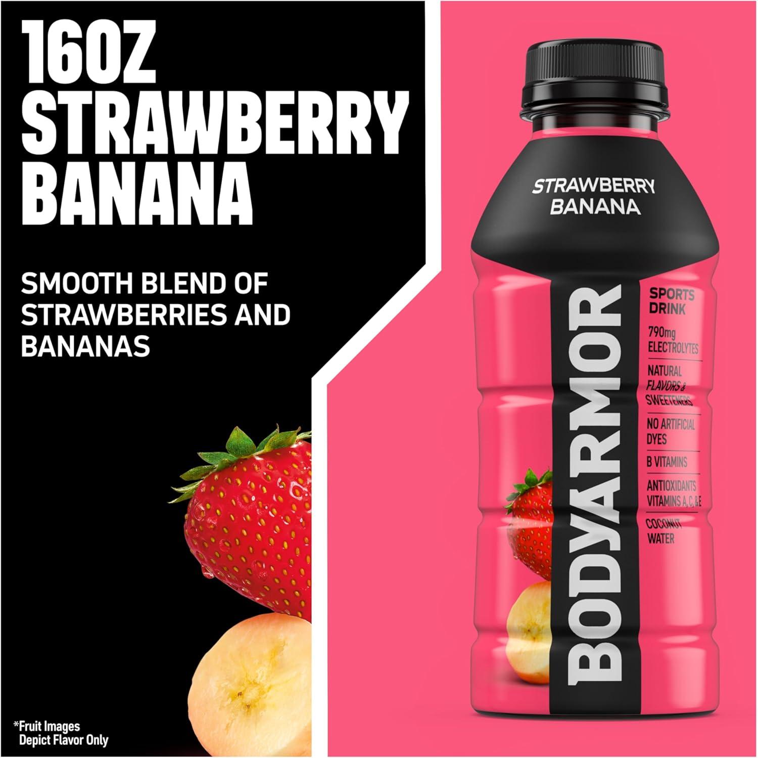 BODYARMOR Sports Drink, Strawberry Banana, Electrolyte Drink Hydration, 16 Fl Oz Bottles (12 Pack), Flavored Coconut Water with B Vitamins & Antioxidants