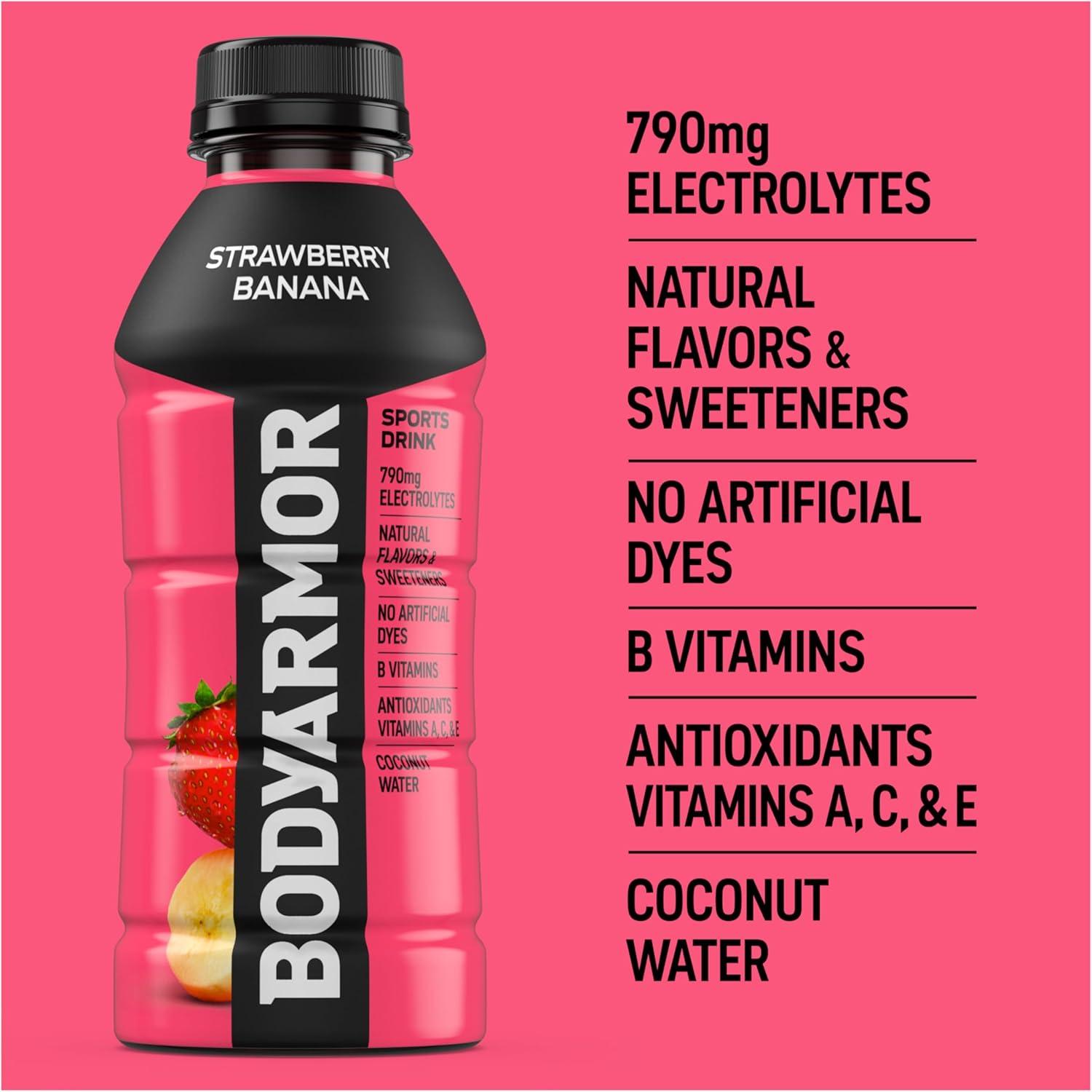 BODYARMOR Sports Drink, Strawberry Banana, Electrolyte Drink Hydration, 16 Fl Oz Bottles (12 Pack), Flavored Coconut Water with B Vitamins & Antioxidants