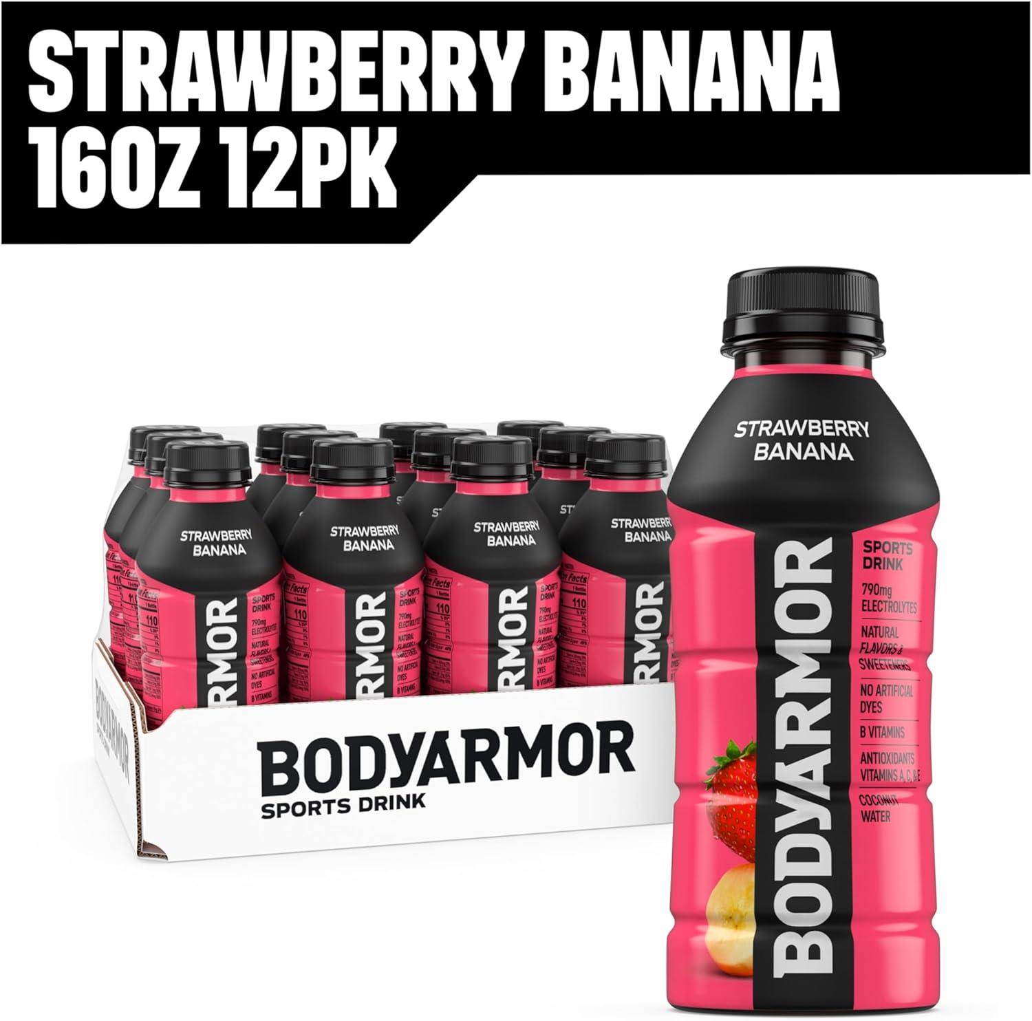 BODYARMOR Sports Drink, Strawberry Banana, Electrolyte Drink Hydration, 16 Fl Oz Bottles (12 Pack), Flavored Coconut Water with B Vitamins & Antioxidants