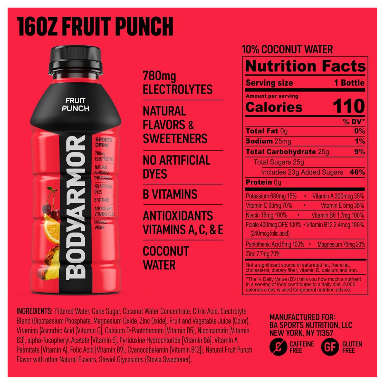 BODYARMOR Sports Drink, Tropical Punch, Electrolyte Drink Hydration, 12 Fl Oz Bottles (8 Pack), Flavored Coconut Water with B Vitamins & Antioxidants(Fruit Punch)