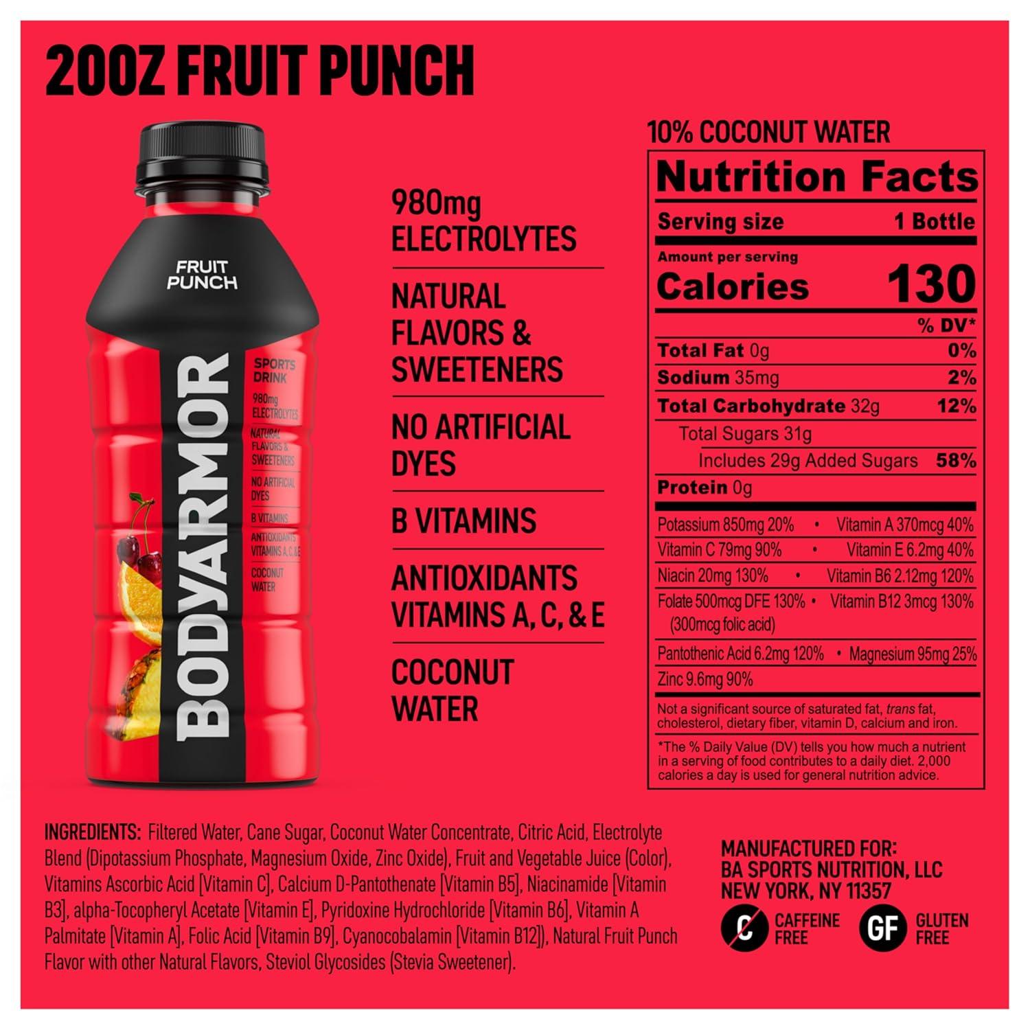 BODYARMOR Sports Drink, Tropical Punch, Electrolyte Drink Hydration, 12 Fl Oz Bottles (8 Pack), Flavored Coconut Water with B Vitamins & Antioxidants(Fruit Punch)