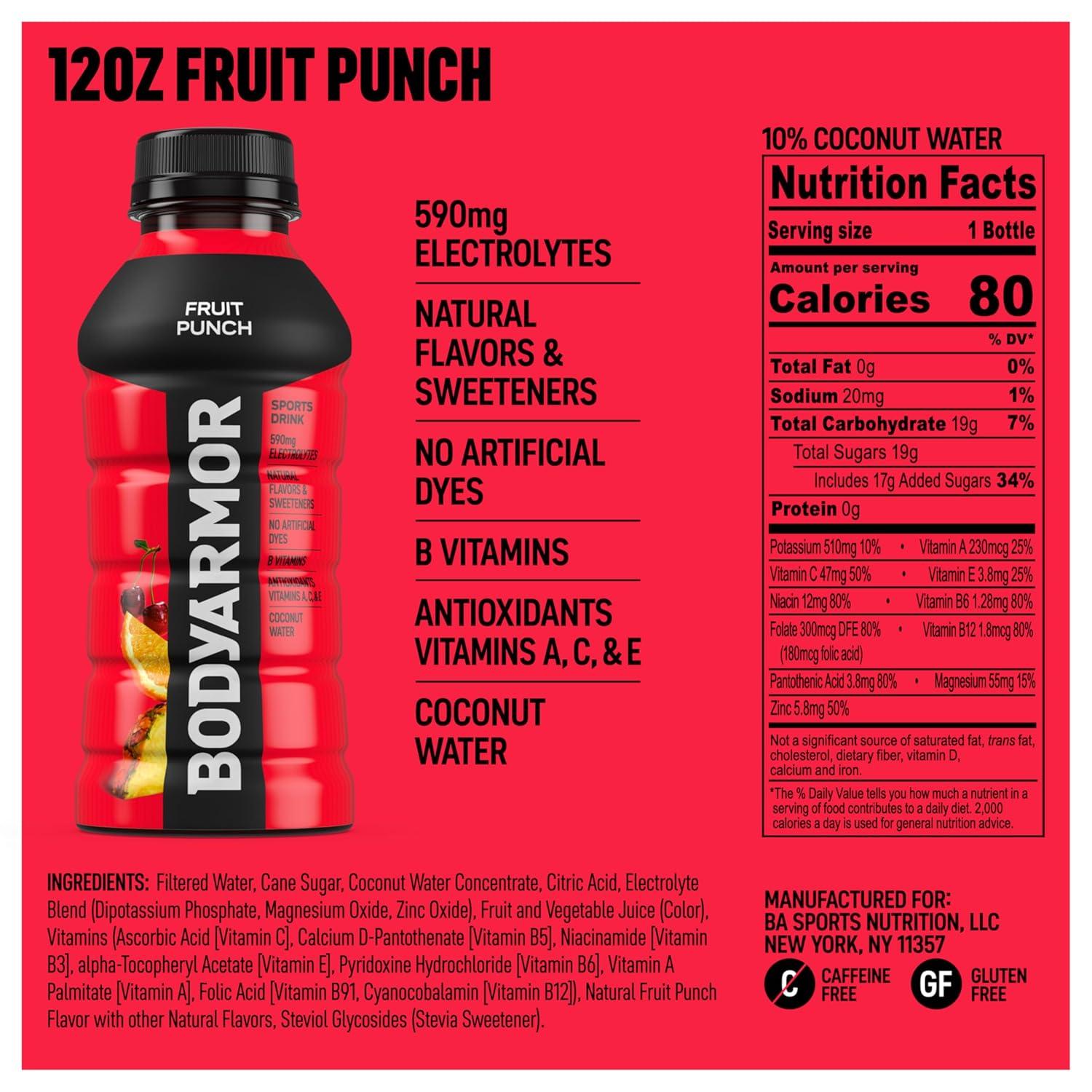 BODYARMOR Sports Drink, Tropical Punch, Electrolyte Drink Hydration, 12 Fl Oz Bottles (8 Pack), Flavored Coconut Water with B Vitamins & Antioxidants(Fruit Punch)