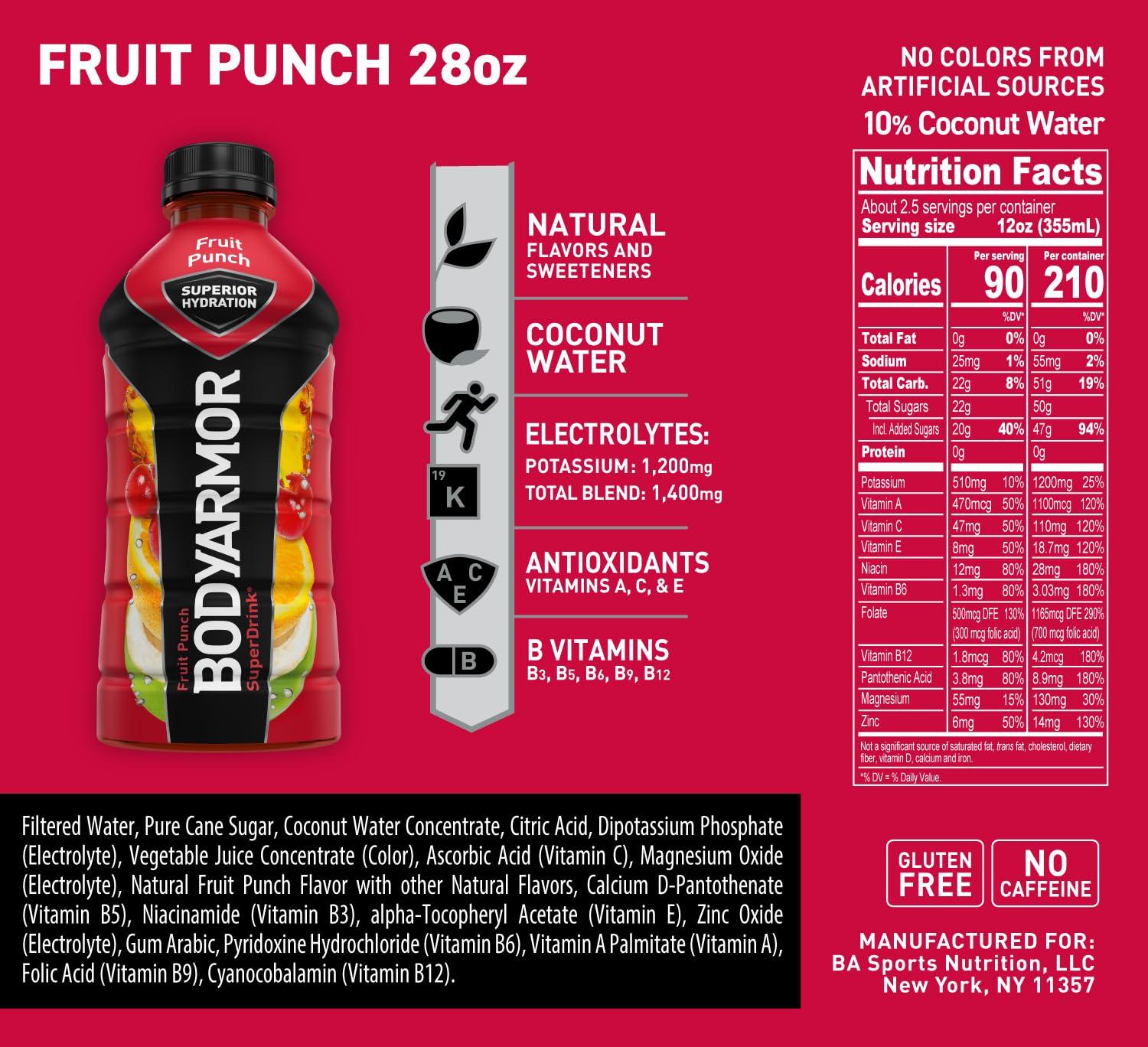 BODYARMOR Sports Drink, Tropical Punch, Electrolyte Drink Hydration, 12 Fl Oz Bottles (8 Pack), Flavored Coconut Water with B Vitamins & Antioxidants(Fruit Punch)