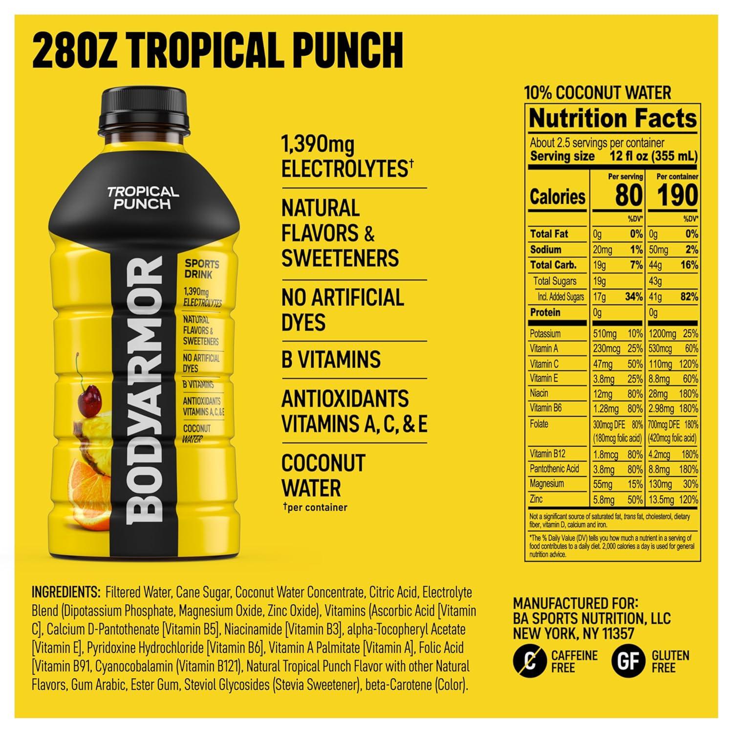 BODYARMOR Sports Drink, Blackout Berry, Electrolyte Drink Hydration, 28 Fl Oz Bottles (15 Pack), Flavored Coconut Water with B Vitamins & Antioxidants(Tropical Punch)