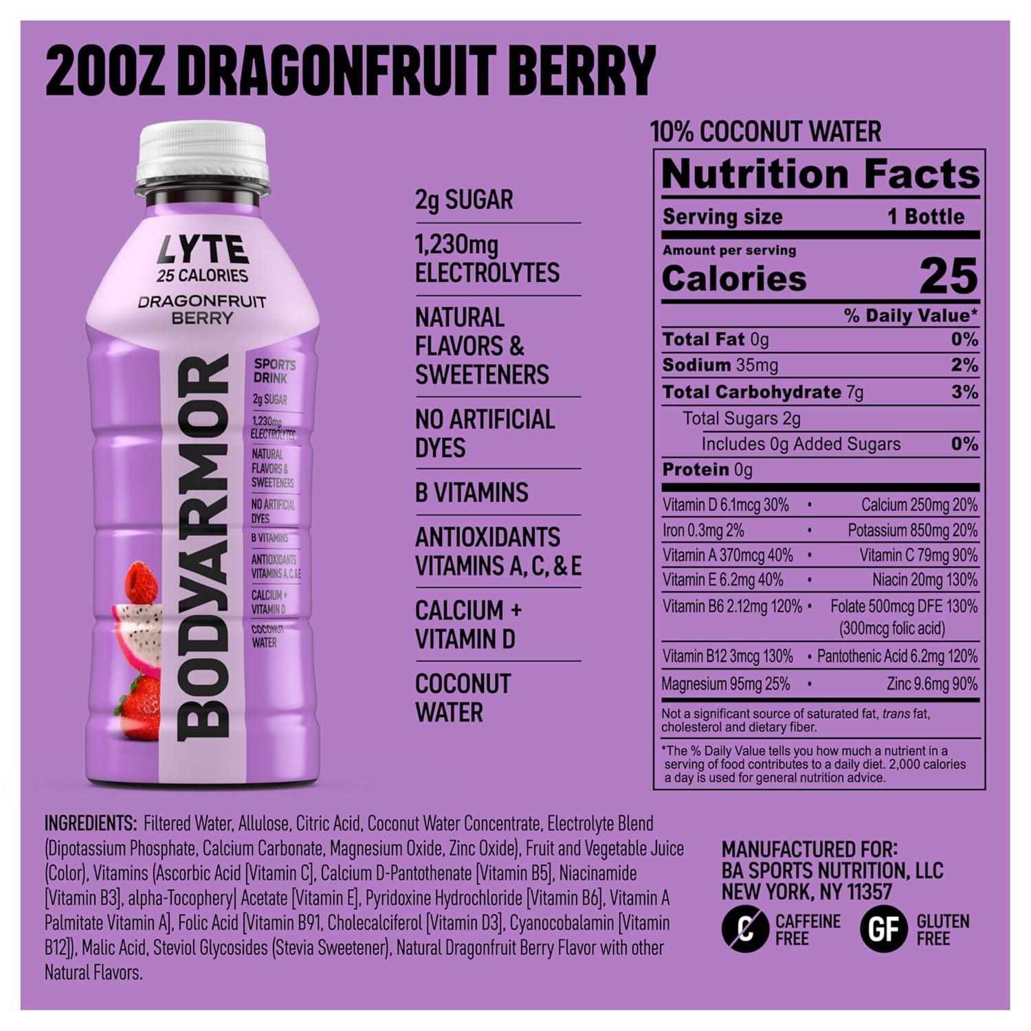 BODYARMOR LYTE Sports Drink Low-Calorie Sports Beverage, Dragonfruit Berry, Coconut Water Hydration, Natural Flavors With Vitamins, Potassium-Packed Electrolytes, 20 Fl Oz (Pack of 6)