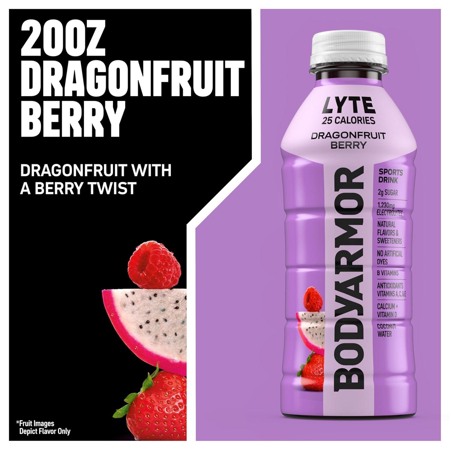 BODYARMOR LYTE Sports Drink Low-Calorie Sports Beverage, Dragonfruit Berry, Coconut Water Hydration, Natural Flavors With Vitamins, Potassium-Packed Electrolytes, 20 Fl Oz (Pack of 6)