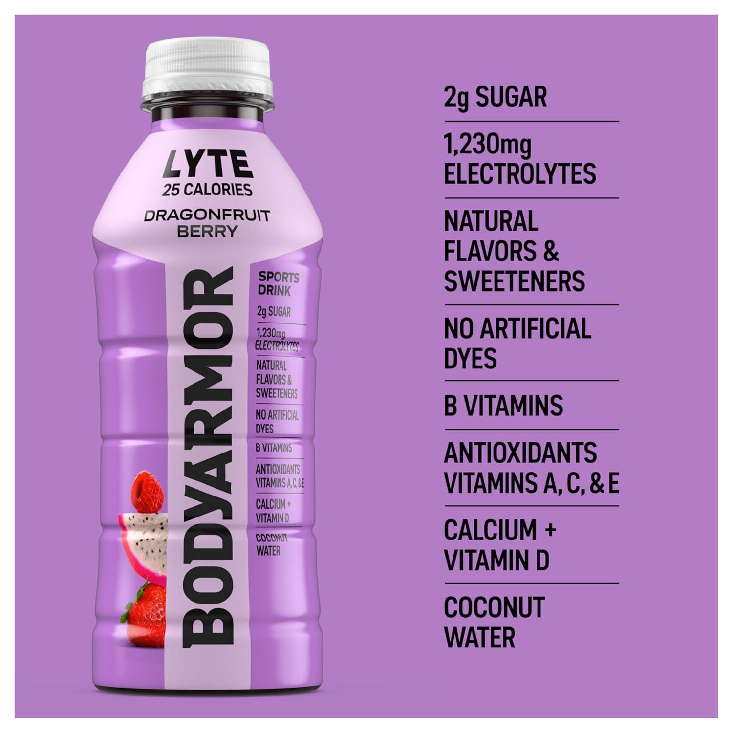 BODYARMOR LYTE Sports Drink Low-Calorie Sports Beverage, Dragonfruit Berry, Coconut Water Hydration, Natural Flavors With Vitamins, Potassium-Packed Electrolytes, 20 Fl Oz (Pack of 6)