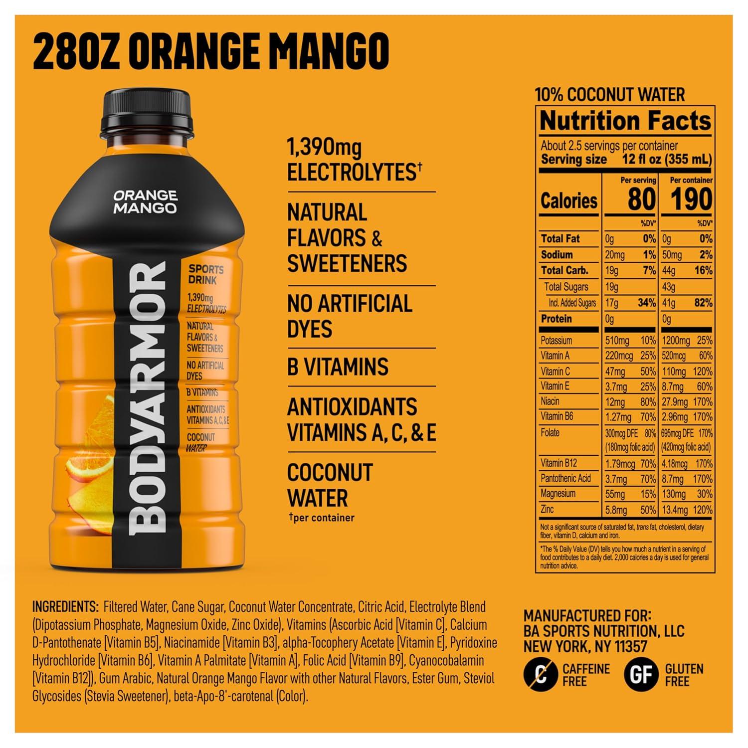 BODYARMOR Sports Drink, Blackout Berry, Electrolyte Drink Hydration, 28 Fl Oz Bottles (15 Pack), Flavored Coconut Water with B Vitamins & Antioxidants(Orange Mango)