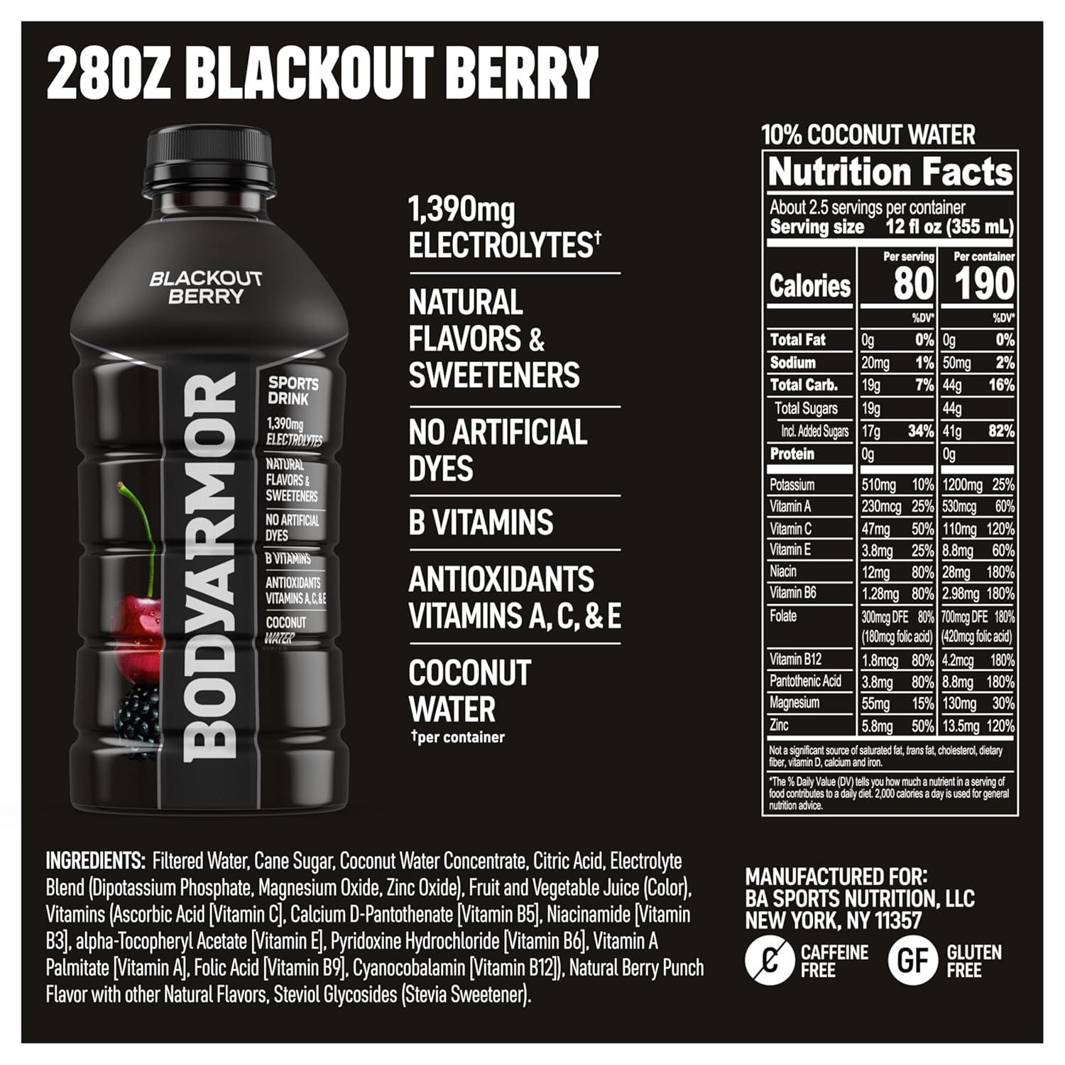 BODYARMOR Sports Drink, Blackout Berry, Electrolyte Drink Hydration, 28 Fl Oz Bottles (15 Pack), Flavored Coconut Water with B Vitamins & Antioxidants(Blackout Berry)