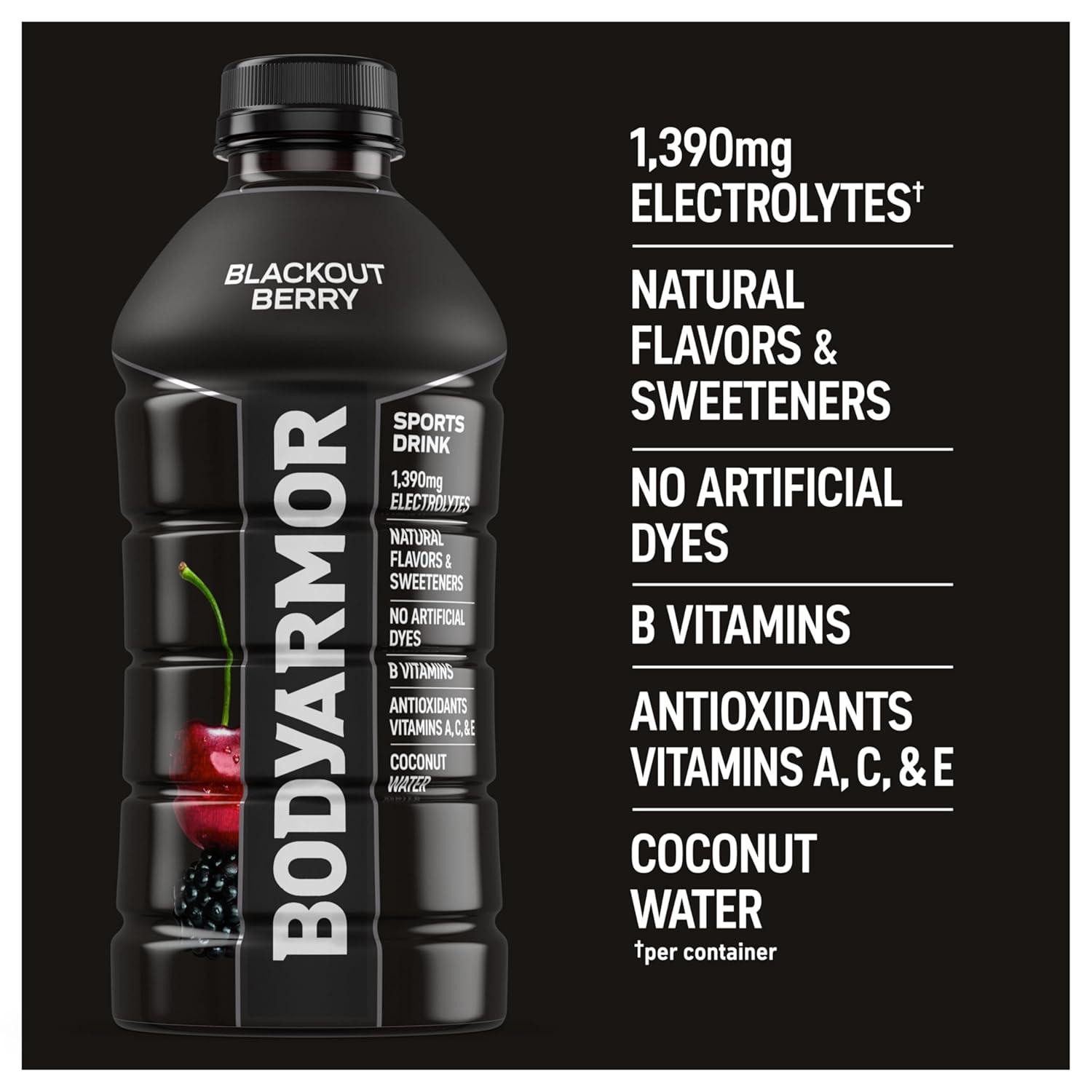 BODYARMOR Sports Drink, Blackout Berry, Electrolyte Drink Hydration, 28 Fl Oz Bottles (15 Pack), Flavored Coconut Water with B Vitamins & Antioxidants(Blackout Berry)