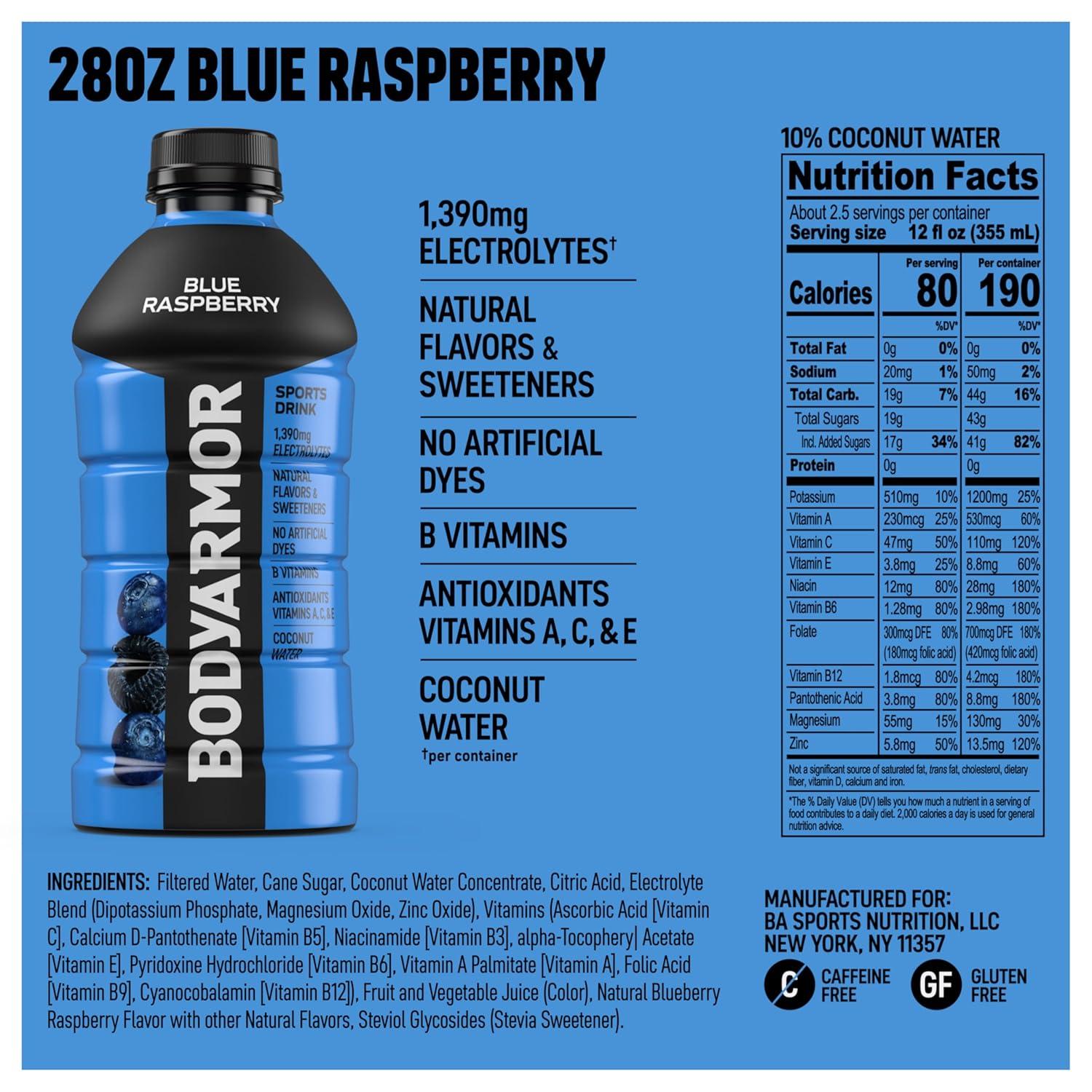 BODYARMOR Sports Drink, Blackout Berry, Electrolyte Drink Hydration, 28 Fl Oz Bottles (15 Pack), Flavored Coconut Water with B Vitamins & Antioxidants(Blue Raspberry)