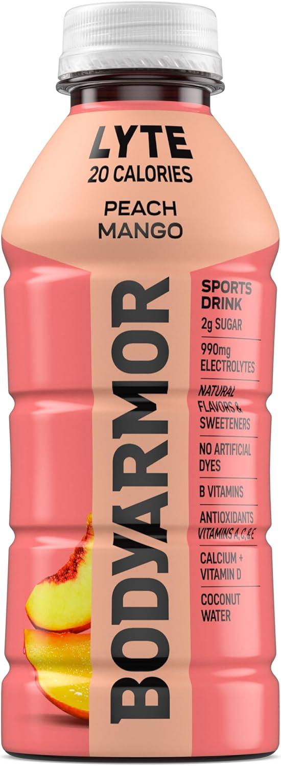 BODYARMOR LYTE, Peach Mango, Electrolyte Drink, 20 Calories, 16 Fl Oz Bottles (12 Pack), Coconut Water Sports Drink, Natural Flavor & B Vitamins
