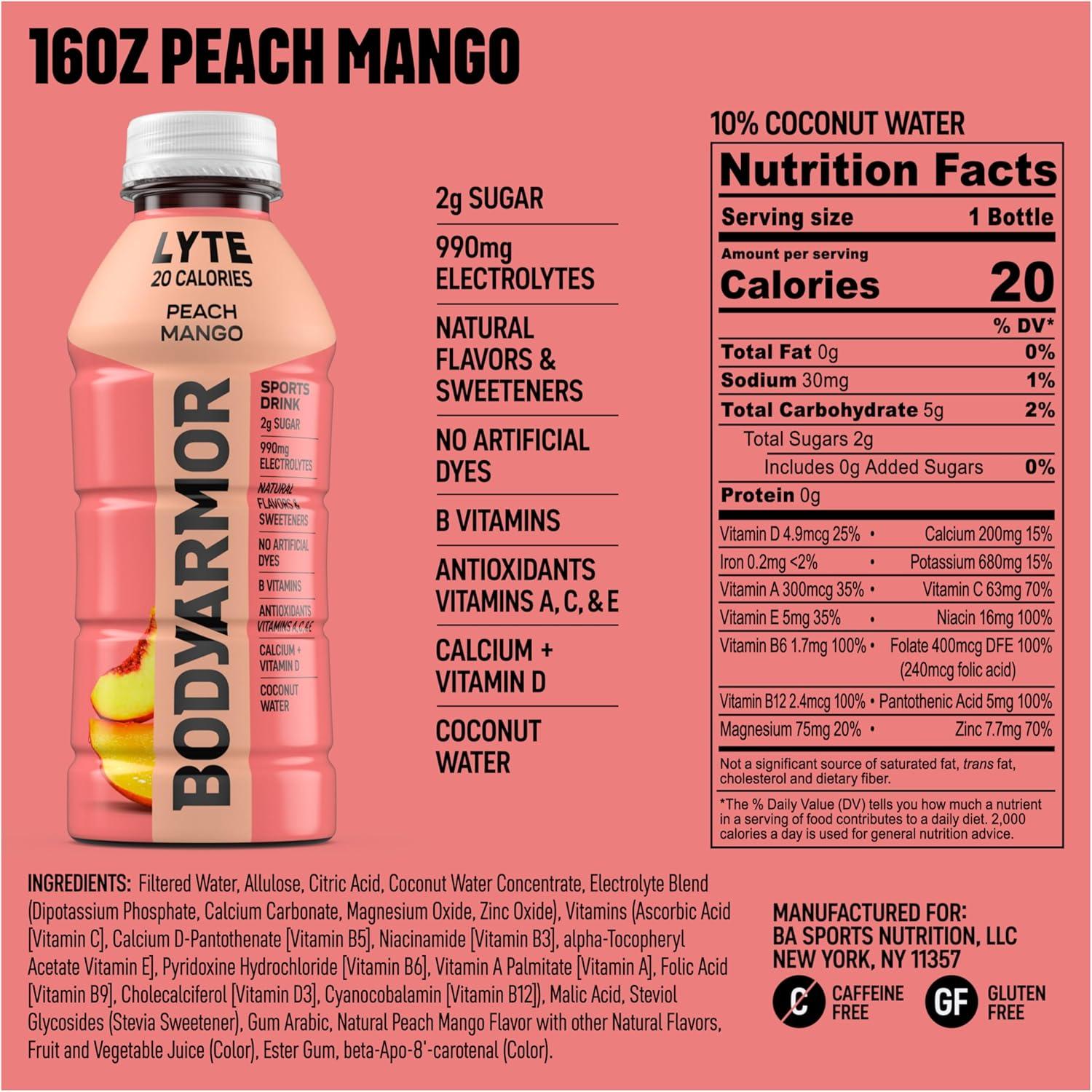 BODYARMOR LYTE, Peach Mango, Electrolyte Drink, 20 Calories, 16 Fl Oz Bottles (12 Pack), Coconut Water Sports Drink, Natural Flavor & B Vitamins