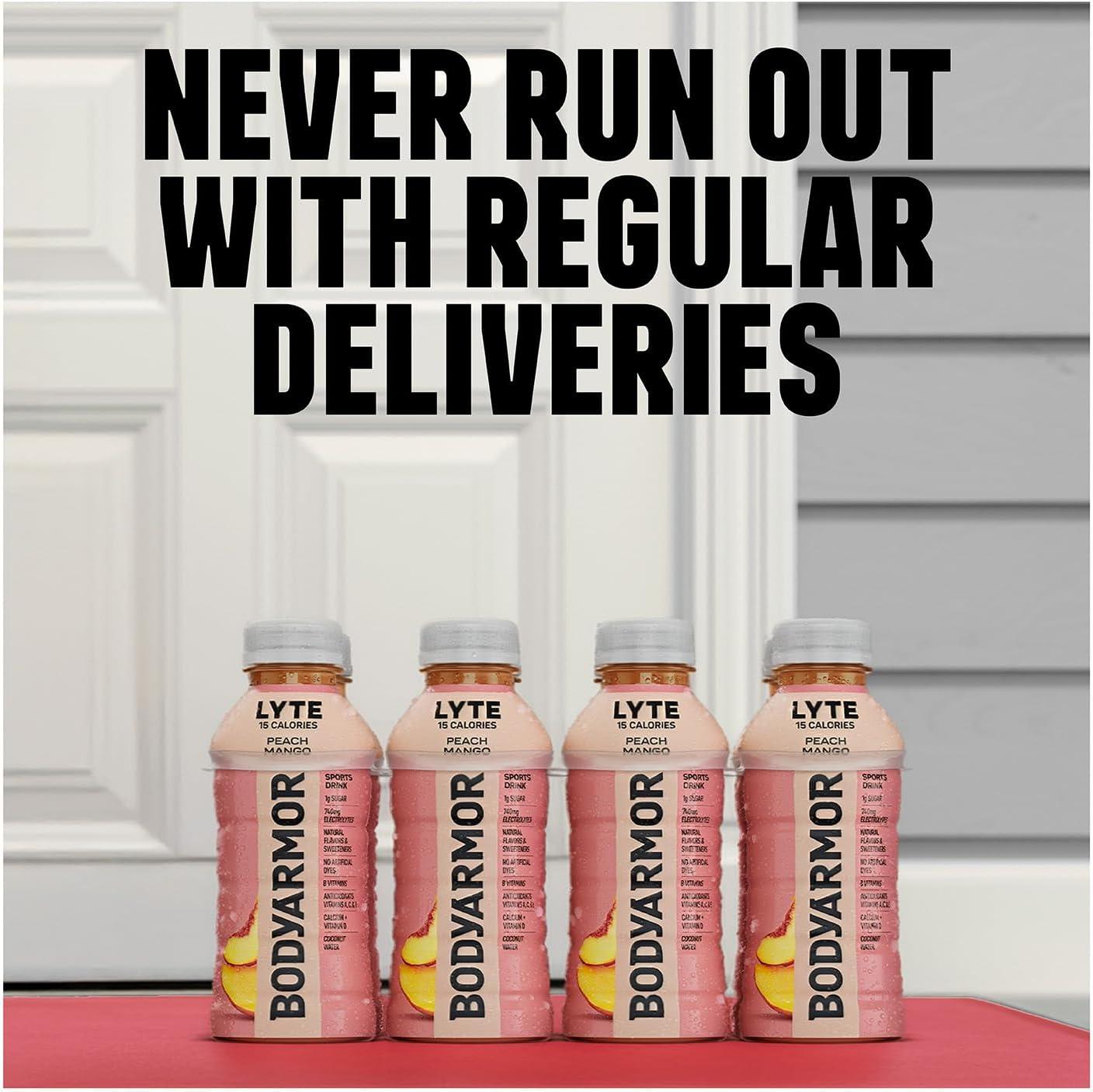 BODYARMOR LYTE, Peach Mango, Electrolyte Drink, 20 Calories, 16 Fl Oz Bottles (12 Pack), Coconut Water Sports Drink, Natural Flavor & B Vitamins