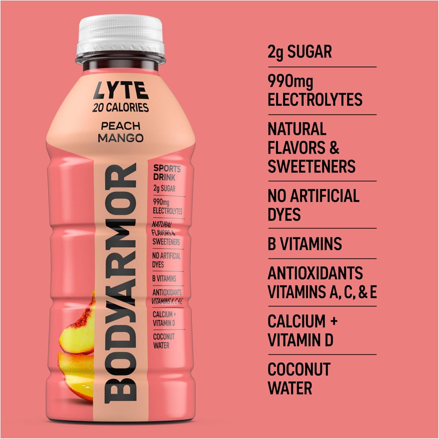 BODYARMOR LYTE, Peach Mango, Electrolyte Drink, 20 Calories, 16 Fl Oz Bottles (12 Pack), Coconut Water Sports Drink, Natural Flavor & B Vitamins