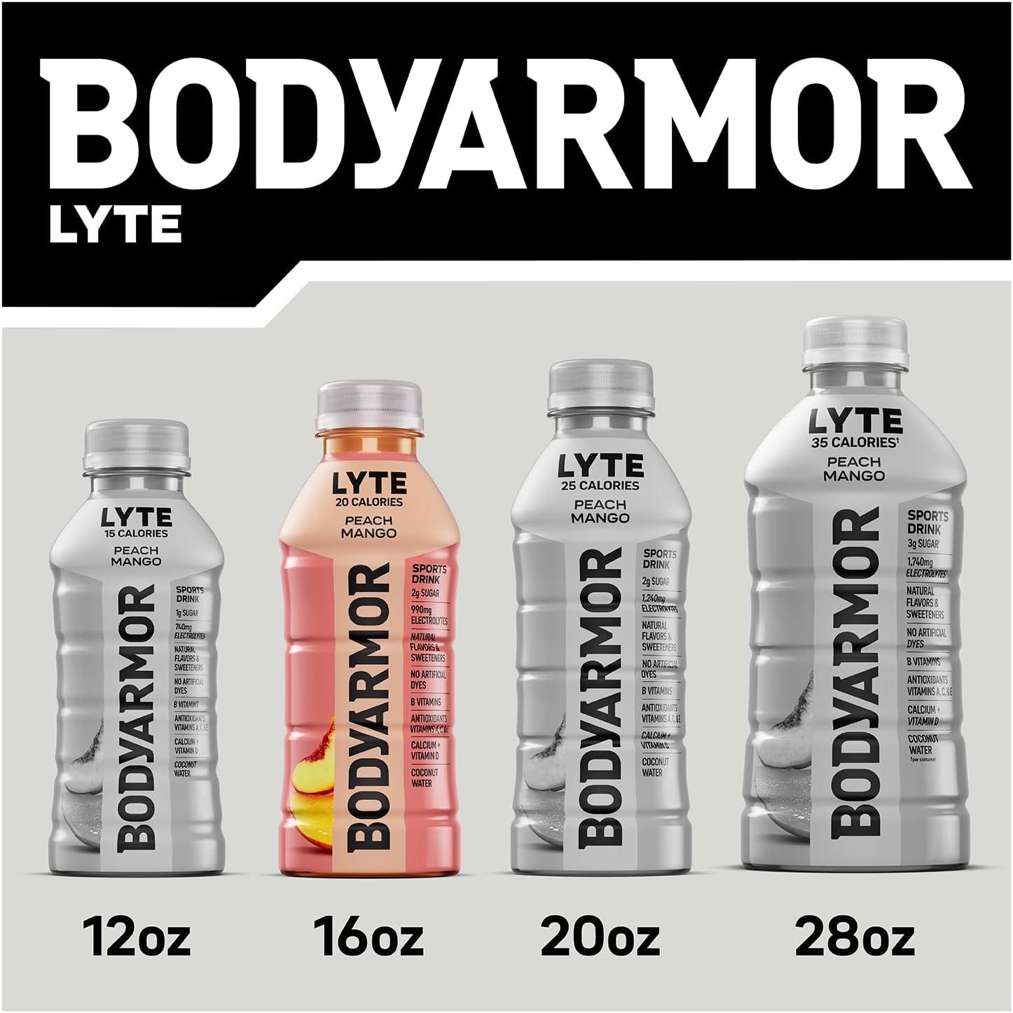 BODYARMOR LYTE, Peach Mango, Electrolyte Drink, 20 Calories, 16 Fl Oz Bottles (12 Pack), Coconut Water Sports Drink, Natural Flavor & B Vitamins