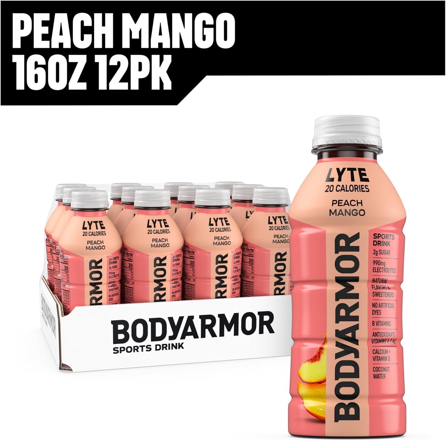 BODYARMOR LYTE, Peach Mango, Electrolyte Drink, 20 Calories, 16 Fl Oz Bottles (12 Pack), Coconut Water Sports Drink, Natural Flavor & B Vitamins