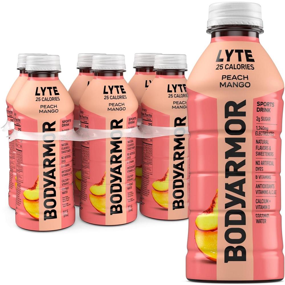 BODYARMOR LYTE, Peach Mango, Electrolyte Drink, 25 Calories, 20 Fl Oz Bottles (6 Pack), Coconut Water Sports Drink, Natural Flavor & B Vitamins