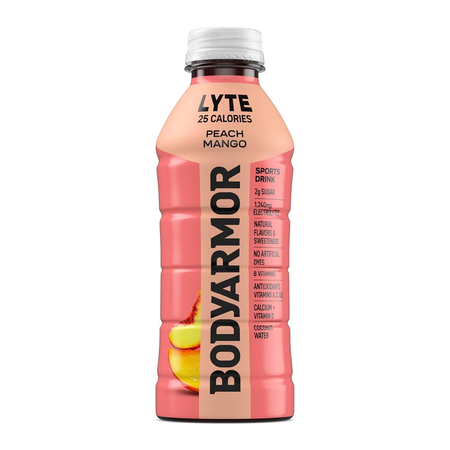 BODYARMOR LYTE, Peach Mango, Electrolyte Drink, 25 Calories, 20 Fl Oz Bottles (6 Pack), Coconut Water Sports Drink, Natural Flavor & B Vitamins