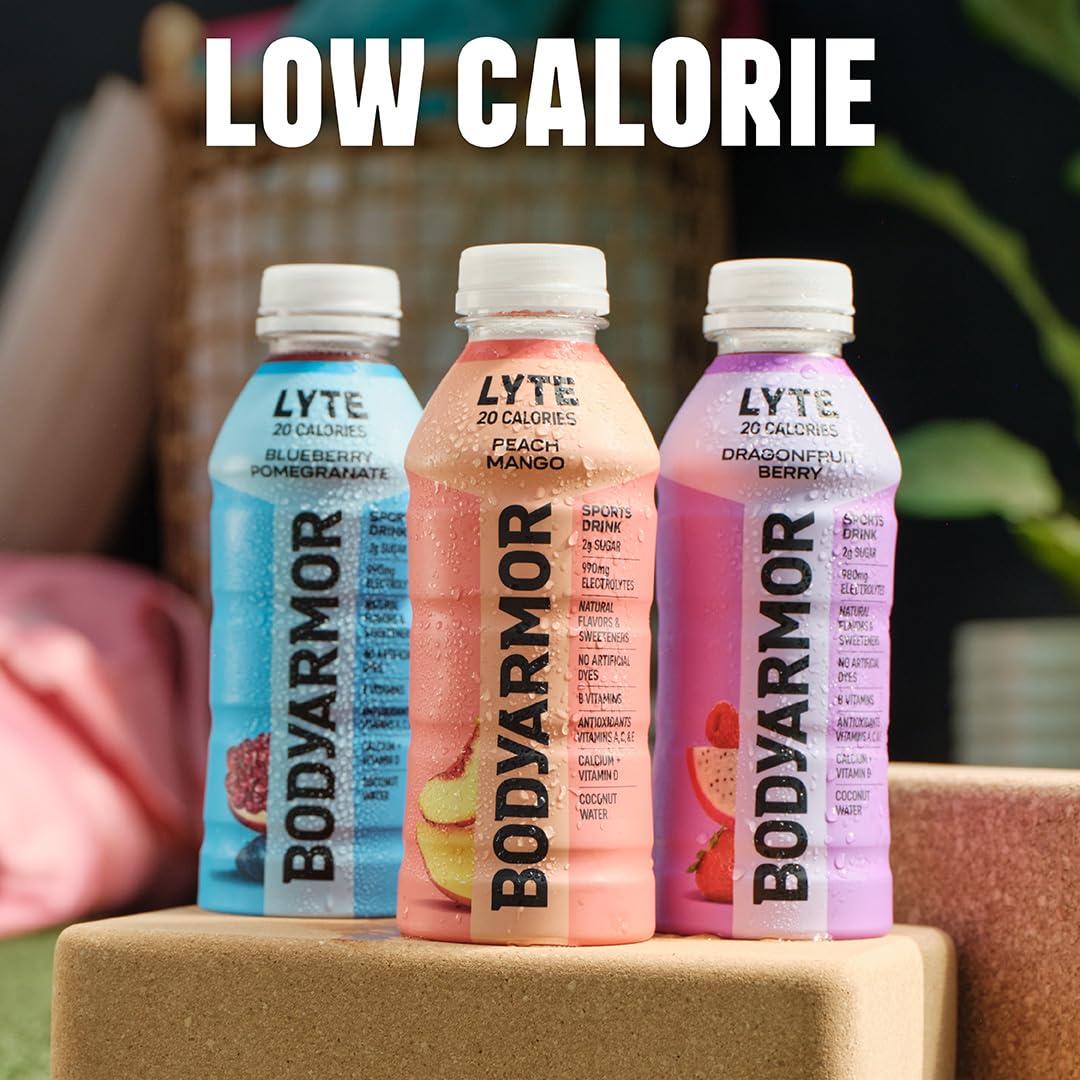 BODYARMOR LYTE, Peach Mango, Electrolyte Drink, 25 Calories, 20 Fl Oz Bottles (6 Pack), Coconut Water Sports Drink, Natural Flavor & B Vitamins