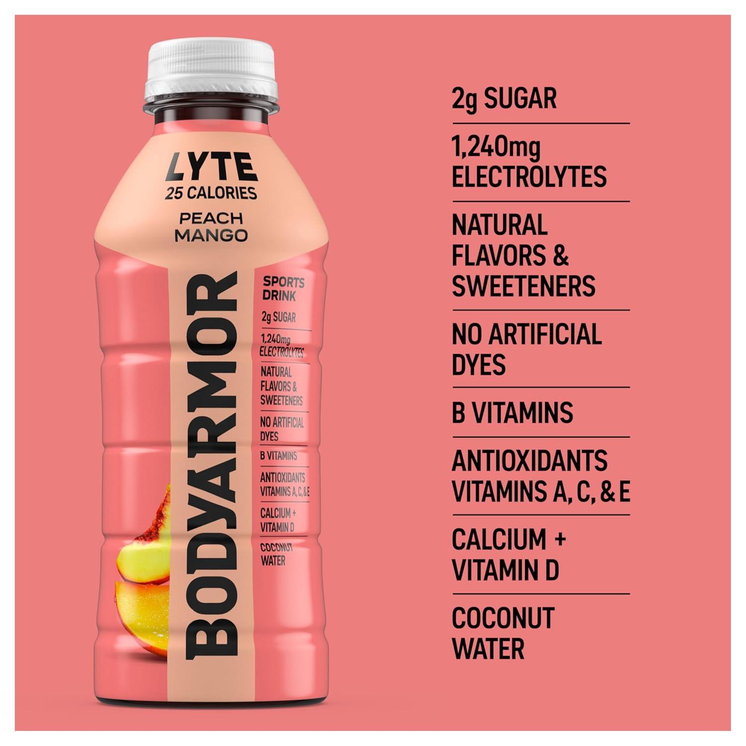 BODYARMOR LYTE, Peach Mango, Electrolyte Drink, 25 Calories, 20 Fl Oz Bottles (6 Pack), Coconut Water Sports Drink, Natural Flavor & B Vitamins