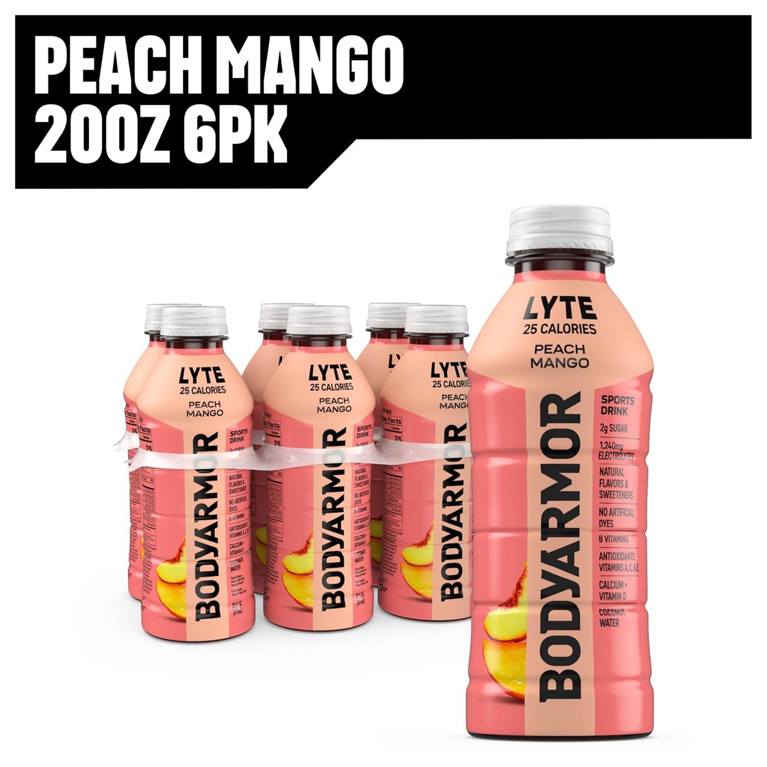 BODYARMOR LYTE, Peach Mango, Electrolyte Drink, 25 Calories, 20 Fl Oz Bottles (6 Pack), Coconut Water Sports Drink, Natural Flavor & B Vitamins