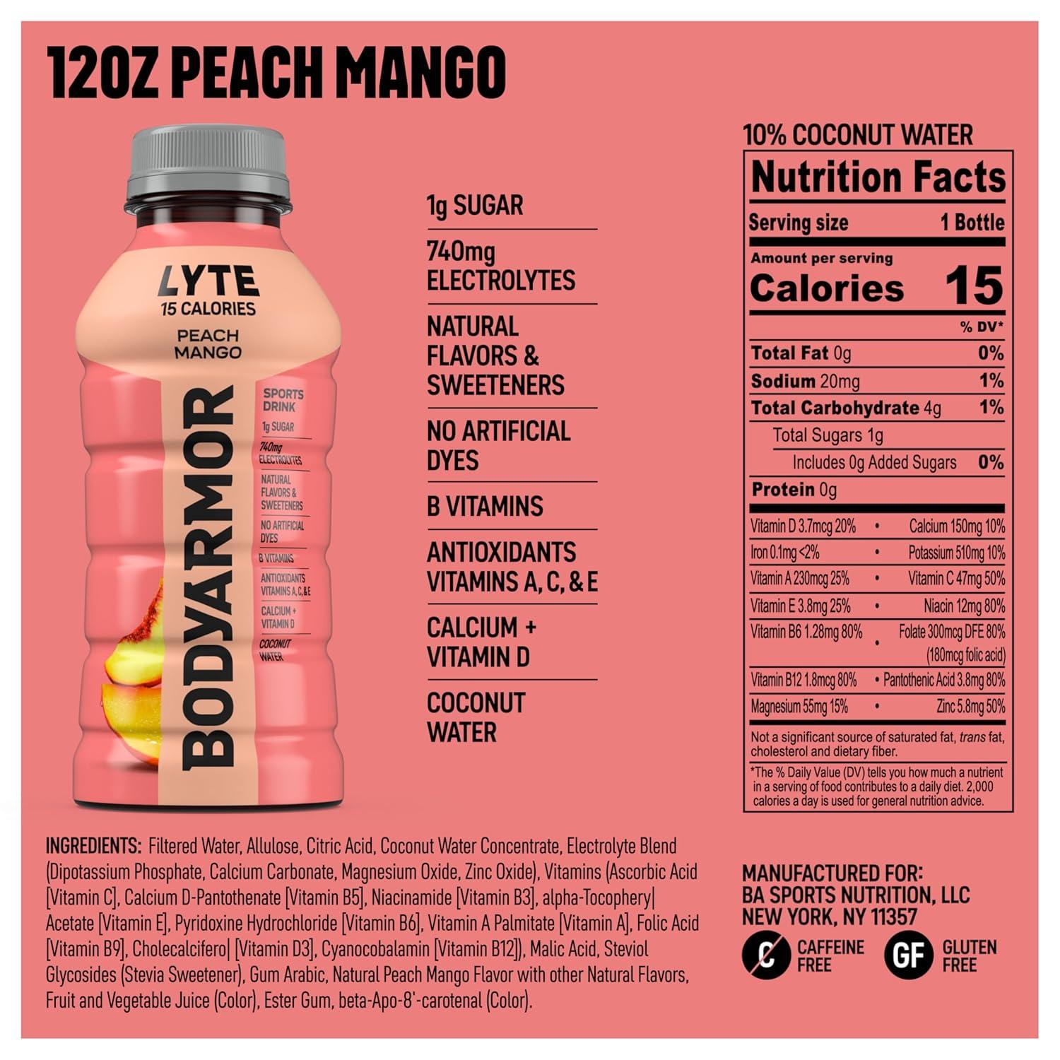 BODYARMOR LYTE, Peach Mango, Electrolyte Drink, 15 Calories, 12 Fl Oz Bottles (8 Pack), Coconut Water Sports Drink, Natural Flavor & B Vitamins