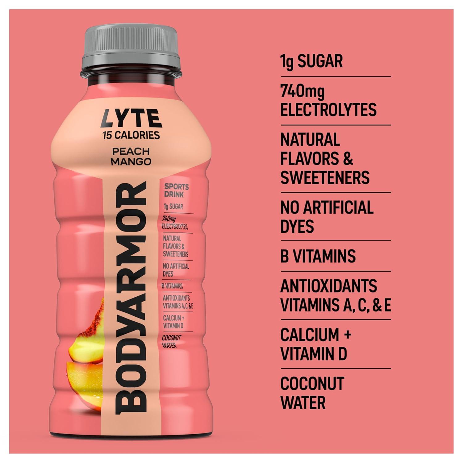 BODYARMOR LYTE, Peach Mango, Electrolyte Drink, 15 Calories, 12 Fl Oz Bottles (8 Pack), Coconut Water Sports Drink, Natural Flavor & B Vitamins