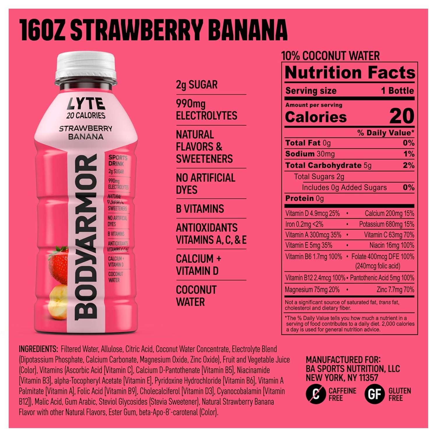 BODYARMOR LYTE Sports Drink Low-Calorie Sports Beverage, Strawberry Banana, Coconut Water Hydration, Natural Flavors With Vitamins, Potassium-Packed Electrolytes, Perfect For Athletes, 16 Fl Oz (Pack of 12)