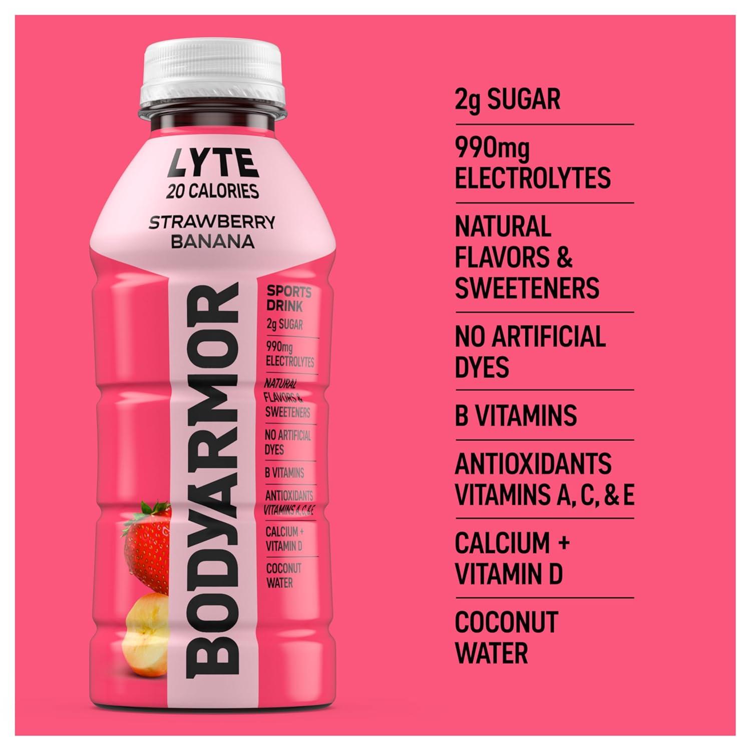BODYARMOR LYTE Sports Drink Low-Calorie Sports Beverage, Strawberry Banana, Coconut Water Hydration, Natural Flavors With Vitamins, Potassium-Packed Electrolytes, Perfect For Athletes, 16 Fl Oz (Pack of 12)