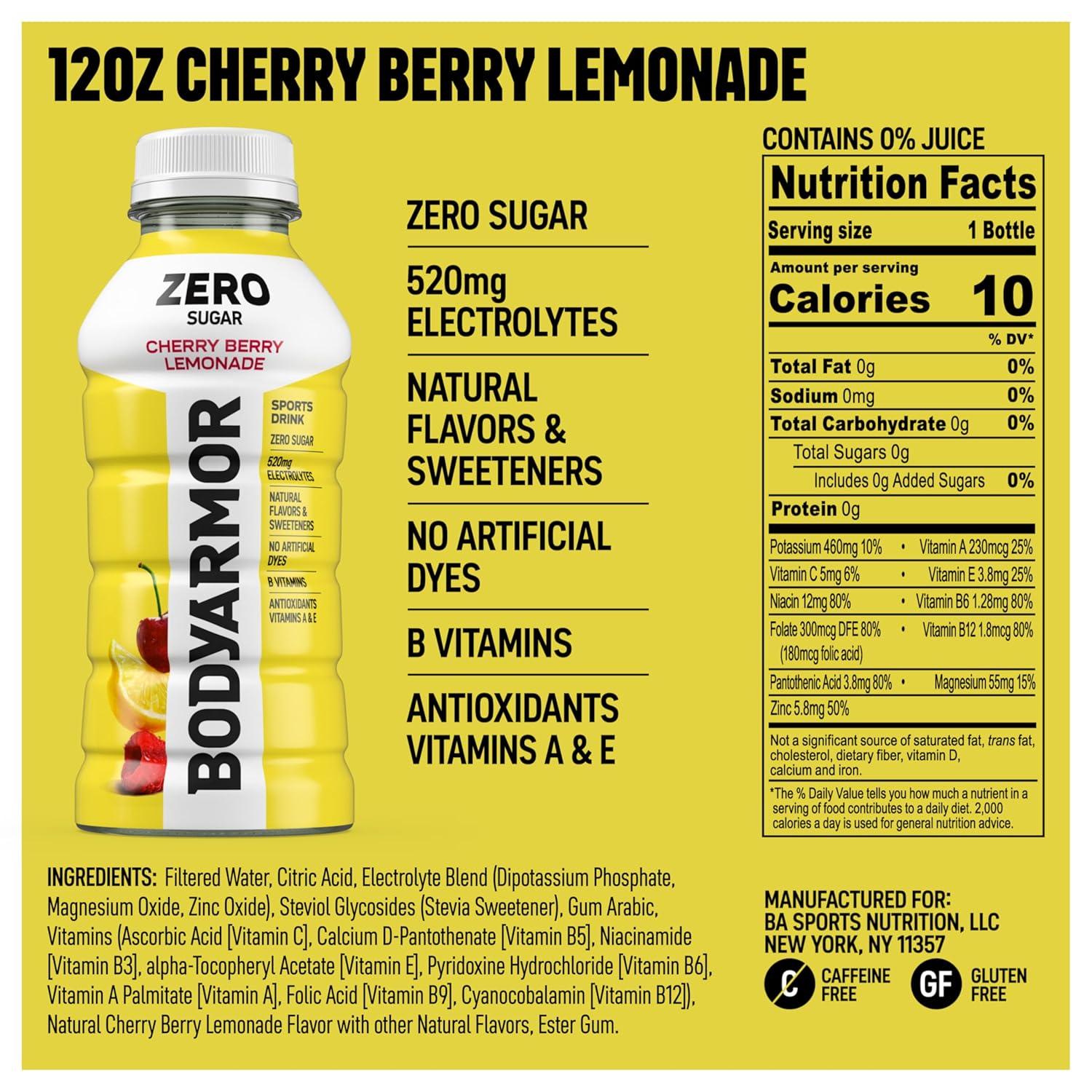 BODYARMOR ZERO Sugar Fruit Punch Electrolyte Drink, Natural Flavors, 20 Fl Oz Bottles (6 Pack), B Vitamins & Antioxidants Sugar Free Hydration(Zero Cherry Berry Lemonade)