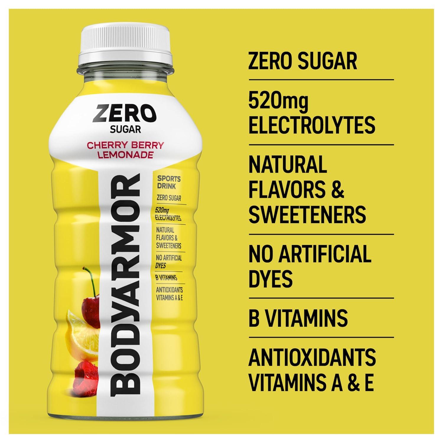 BODYARMOR ZERO Sugar Fruit Punch Electrolyte Drink, Natural Flavors, 20 Fl Oz Bottles (6 Pack), B Vitamins & Antioxidants Sugar Free Hydration(Zero Cherry Berry Lemonade)