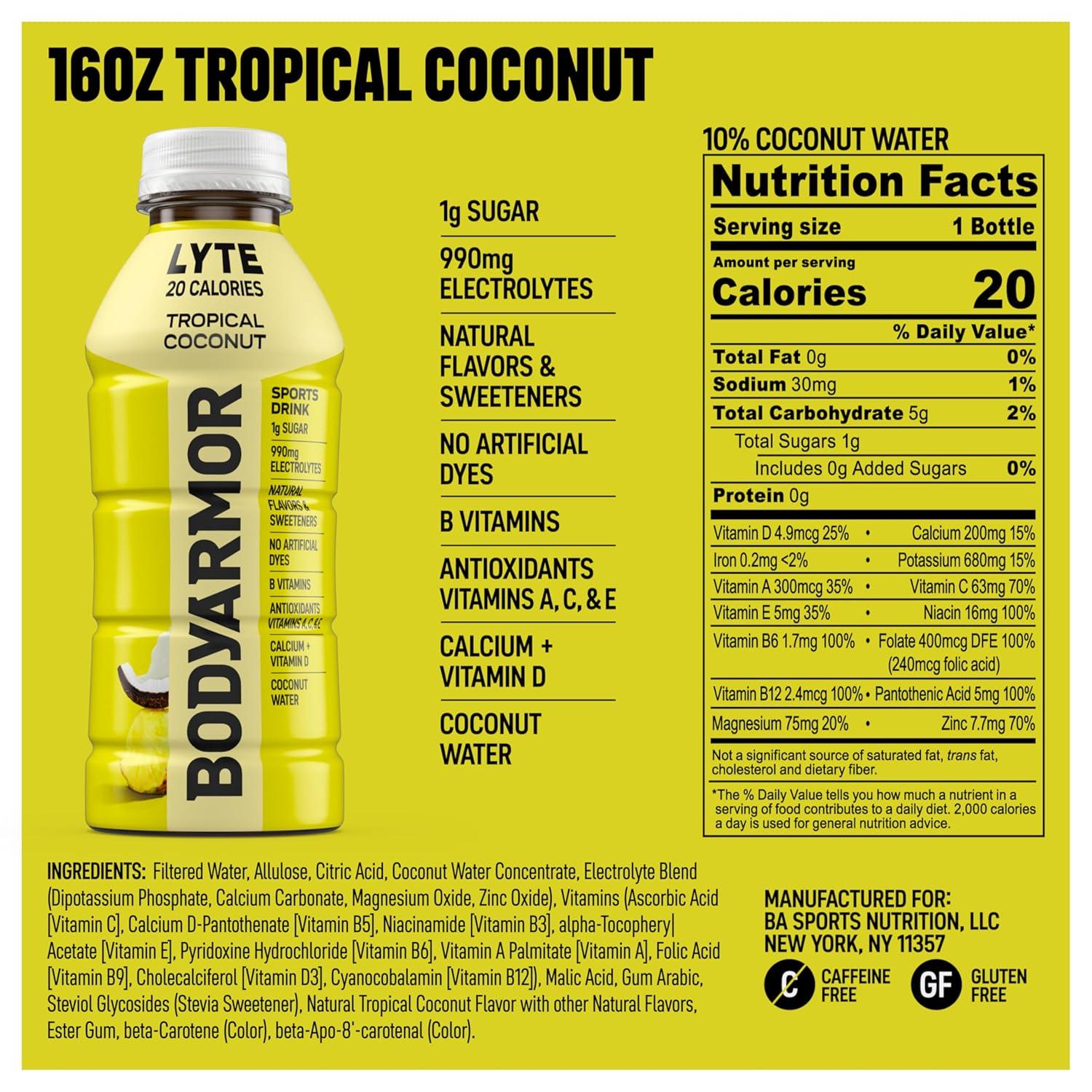 BODYARMOR ZERO Sugar Watermelon Strawberry Electrolyte Drink, Natural Flavors, 16 Fl Oz Bottles (12 Pack), B Vitamins & Antioxidants Sugar Free Hydration(Lyte Tropical Coconut)