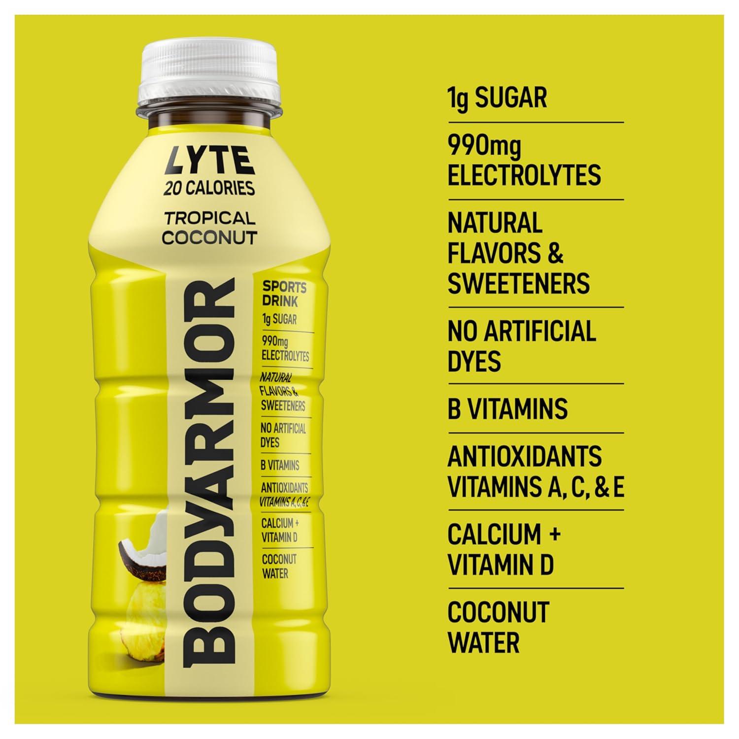 BODYARMOR ZERO Sugar Watermelon Strawberry Electrolyte Drink, Natural Flavors, 16 Fl Oz Bottles (12 Pack), B Vitamins & Antioxidants Sugar Free Hydration(Lyte Tropical Coconut)