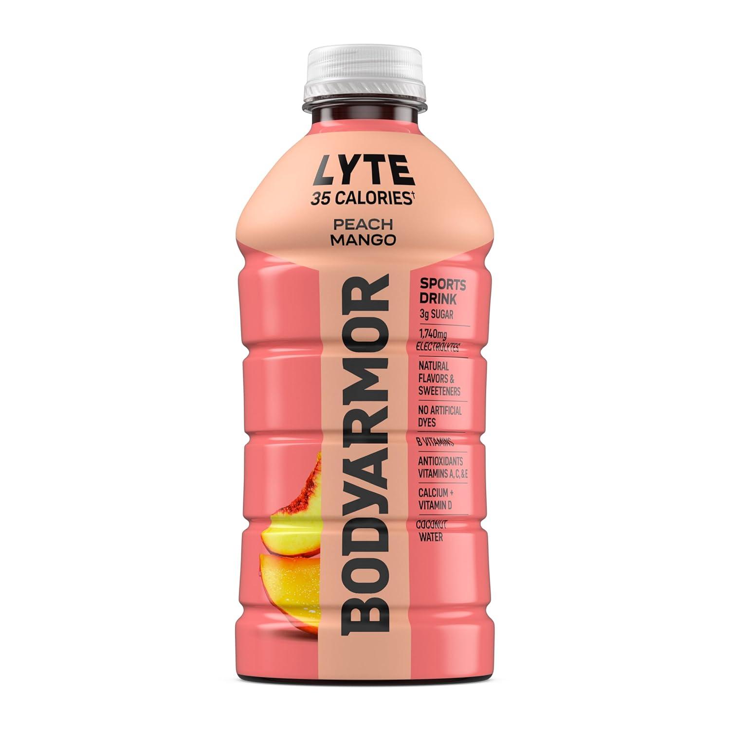 BODYARMOR LYTE, Peach Mango, Electrolyte Drink, 35 Calories, 28 Fl Oz Bottles (15 Pack), Coconut Water Sports Drink, Natural Flavor & B Vitamins(Peach Mango)
