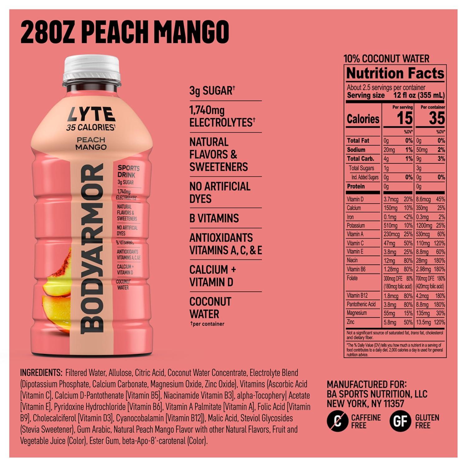 BODYARMOR LYTE, Peach Mango, Electrolyte Drink, 35 Calories, 28 Fl Oz Bottles (15 Pack), Coconut Water Sports Drink, Natural Flavor & B Vitamins(Peach Mango)
